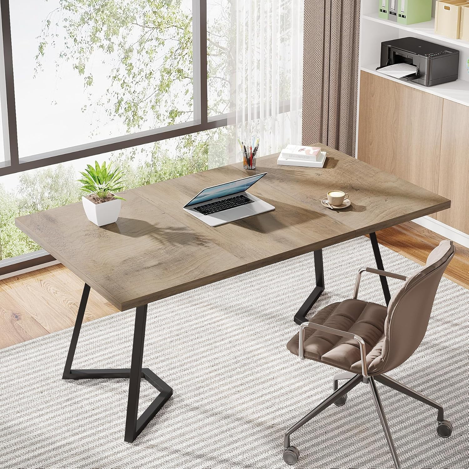 Finmind Modern Home Office Desk, Adult Study Writing Table with Metal Legs, White & Gold, 55.11