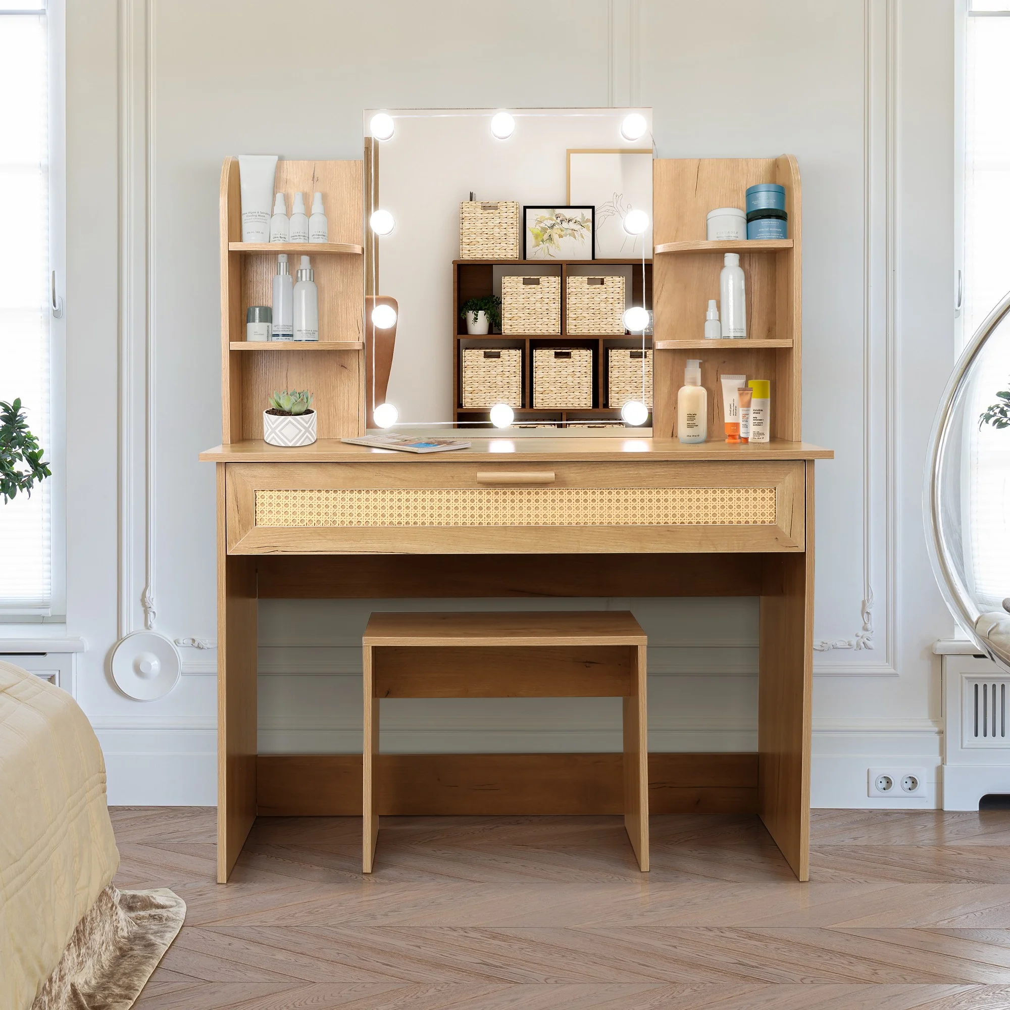 Resenkos Vanity Desk Set with Mirror and Lights for Makeup, 5 Drawers Storage Dresser for Bedroom, White