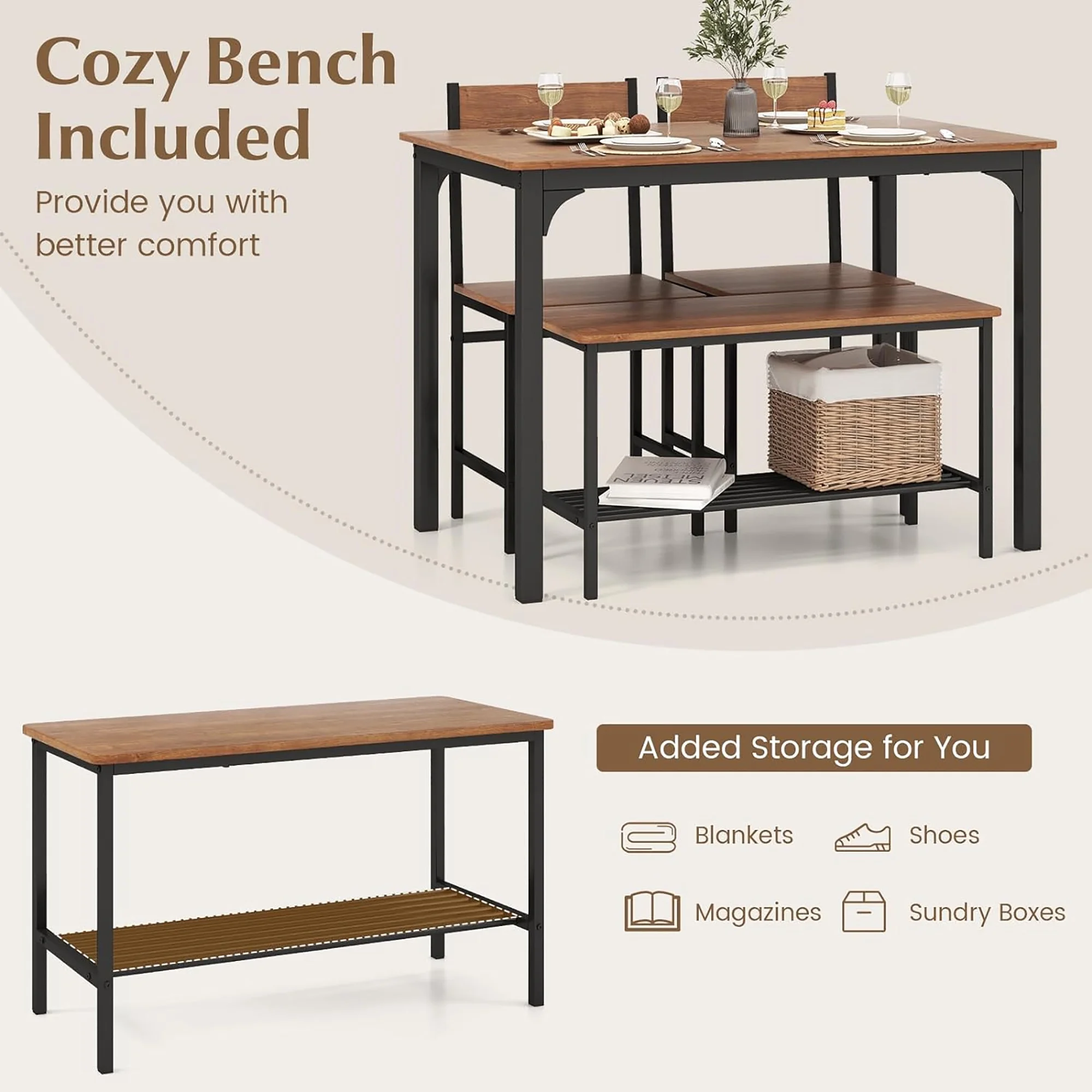 Gymax 4pcs Dining Table Set Rustic Desk 2 Chairs & Bench w/ Storage Rack Grey