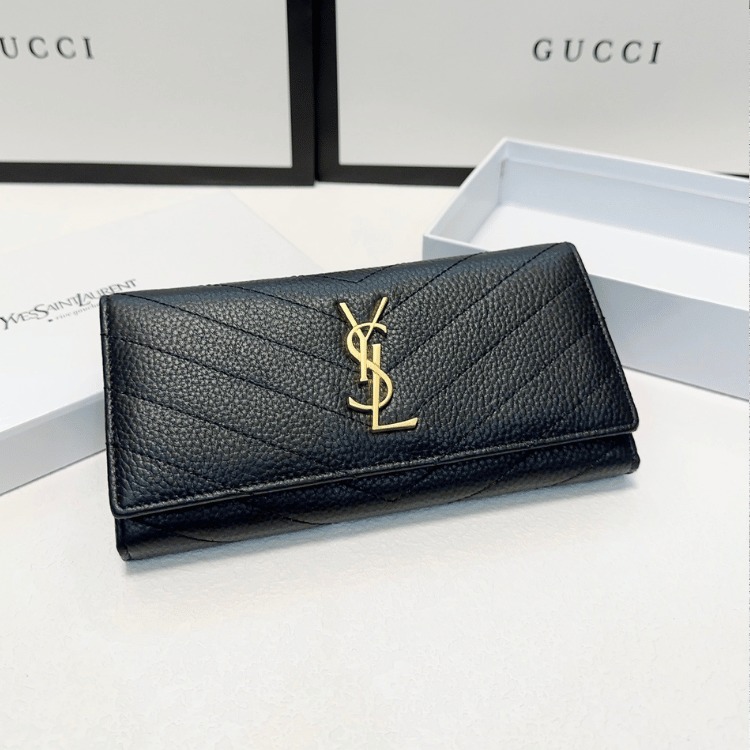 Saint Laurent Envelope Long Wallet Black Grain De Poudre 7.5 Inches