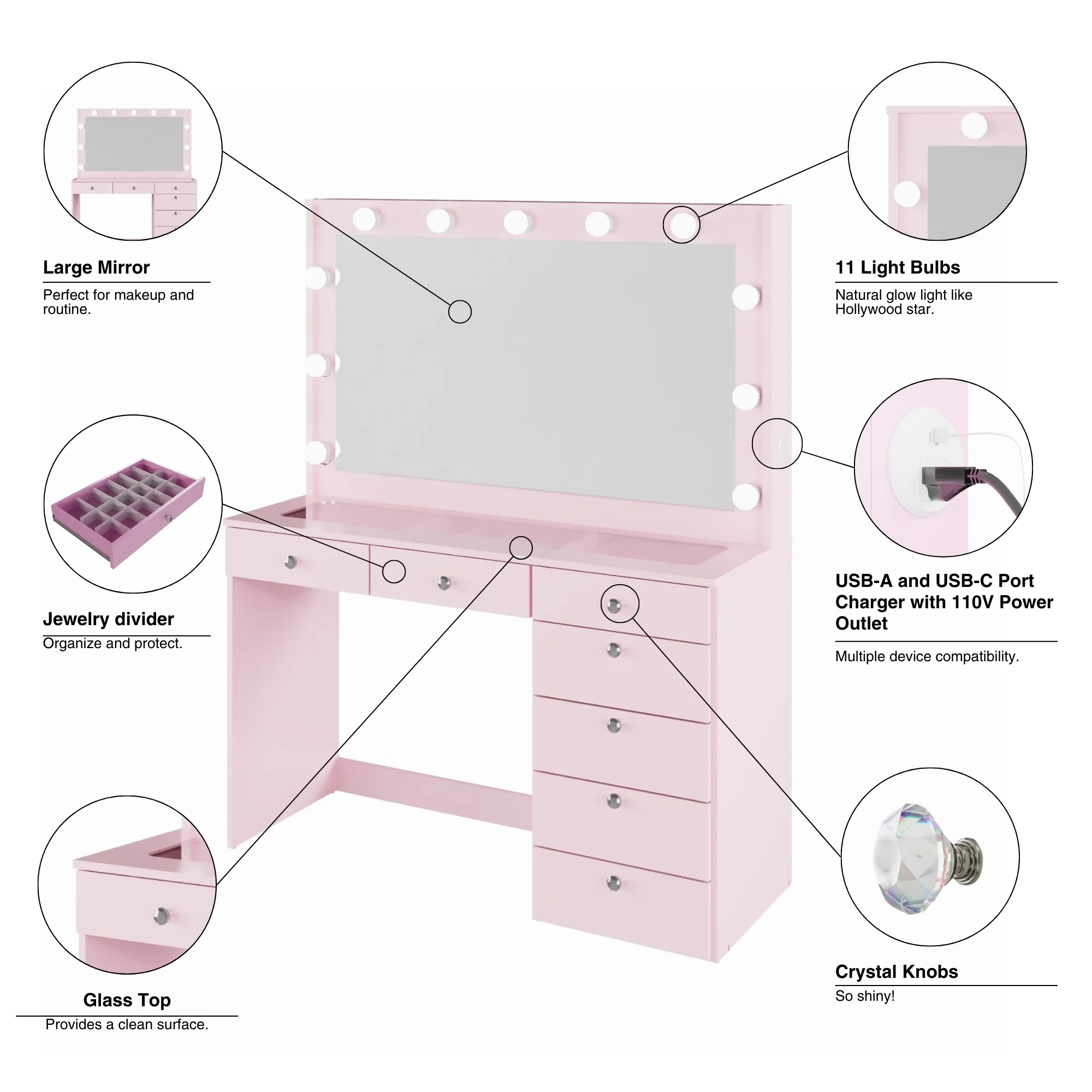 Ember Interiors Modern Large Greige Makeup Vanity Desk with Built-in Lights, Power Outlet with USB Type-C, Glass Top, 7 Drawers and Crystal Knobs