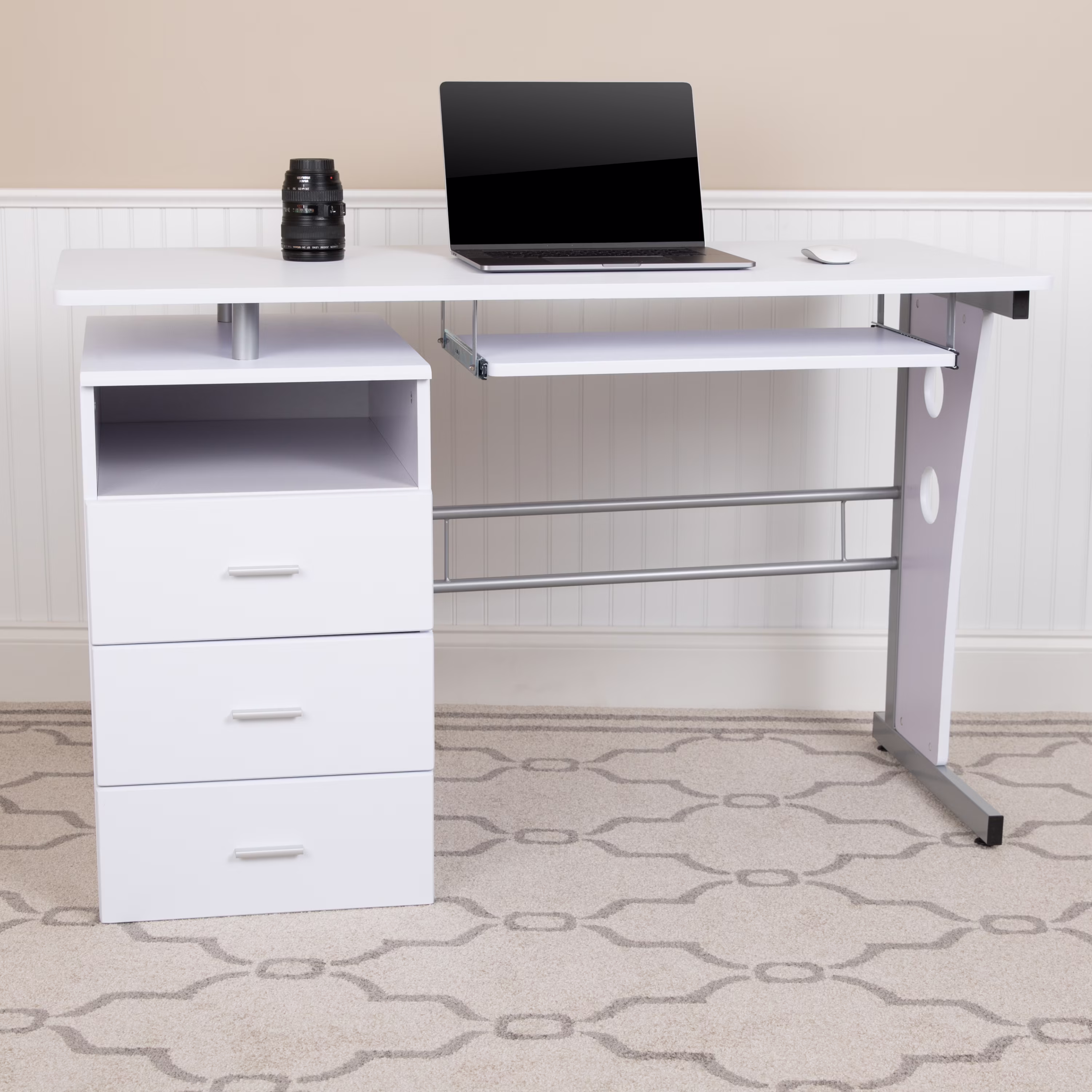 Flash Furniture Rustic Walnut Desk with Three Drawer Pedestal and Pull-Out Keyboard Tray