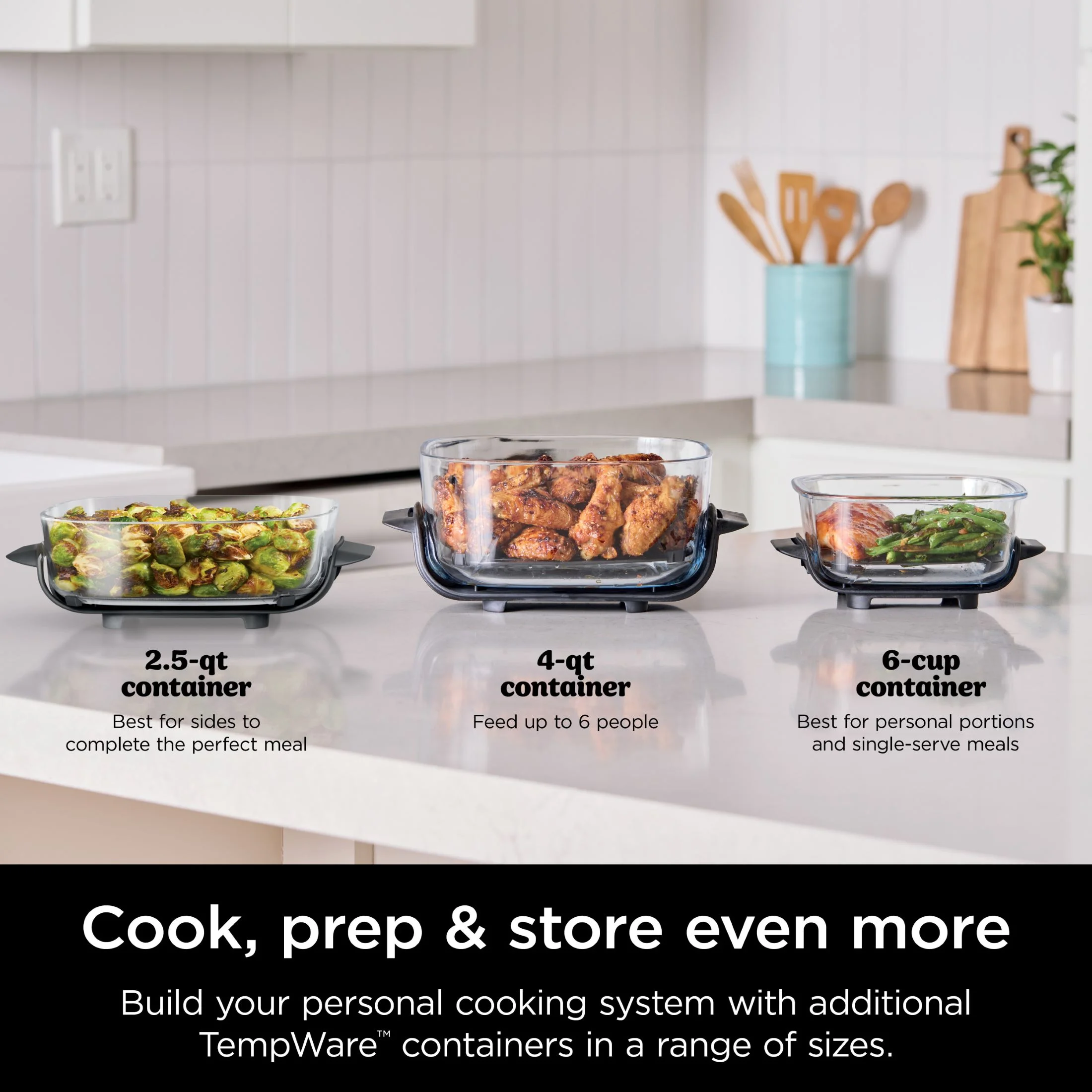 Ninja Crispi 3-in-1 Portable Glass Air Fryer Cooking System, 1500W, 4-Qt & 5-Cup TempWare Glass Containers with Storage Lids, Microwave, Freezer & Dishwasher Safe, White, FN100WH