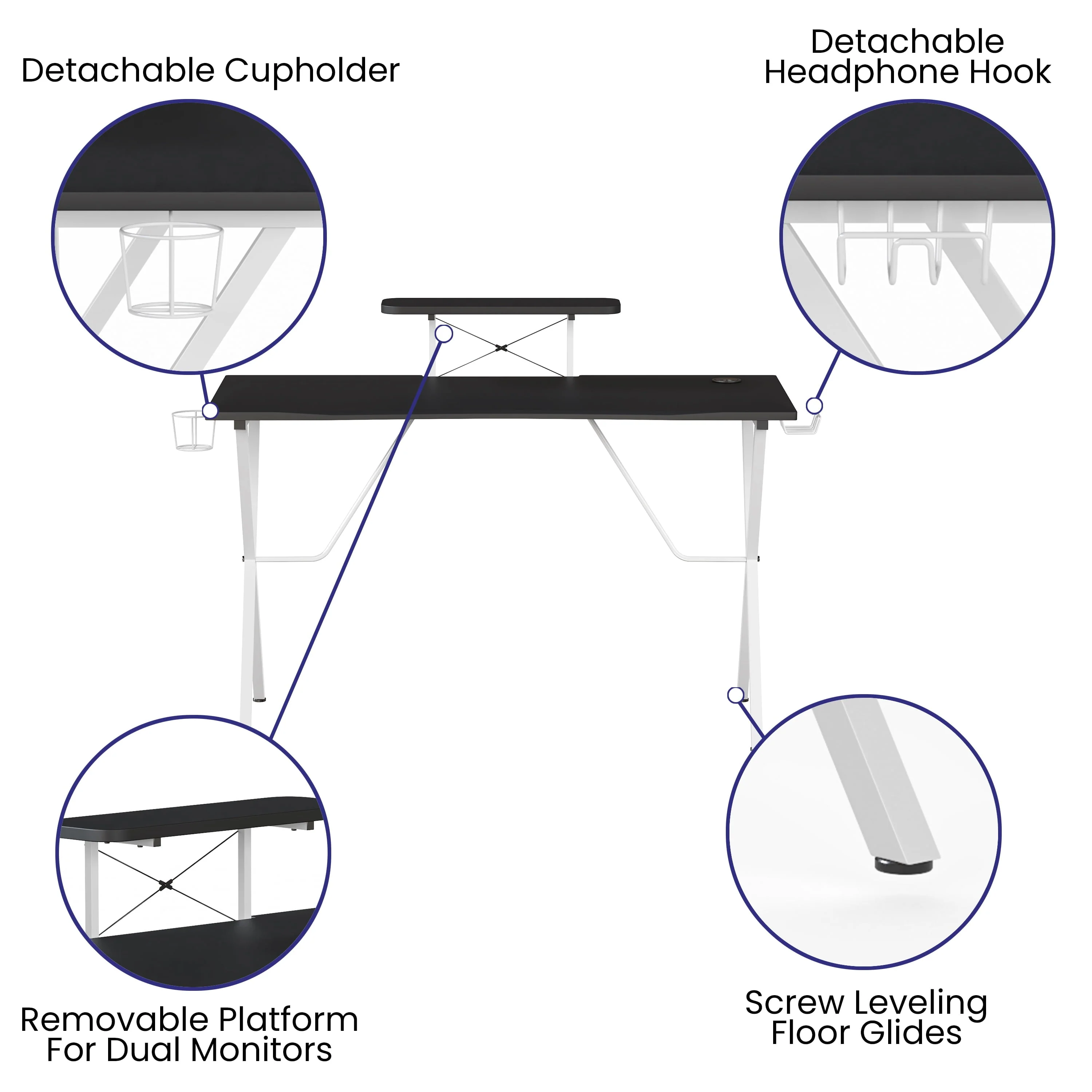 Emma + Oliver Black Gaming Desk and White Frame with Cup Holder, Headphone Hook, and Monitor/Smartphone Stand