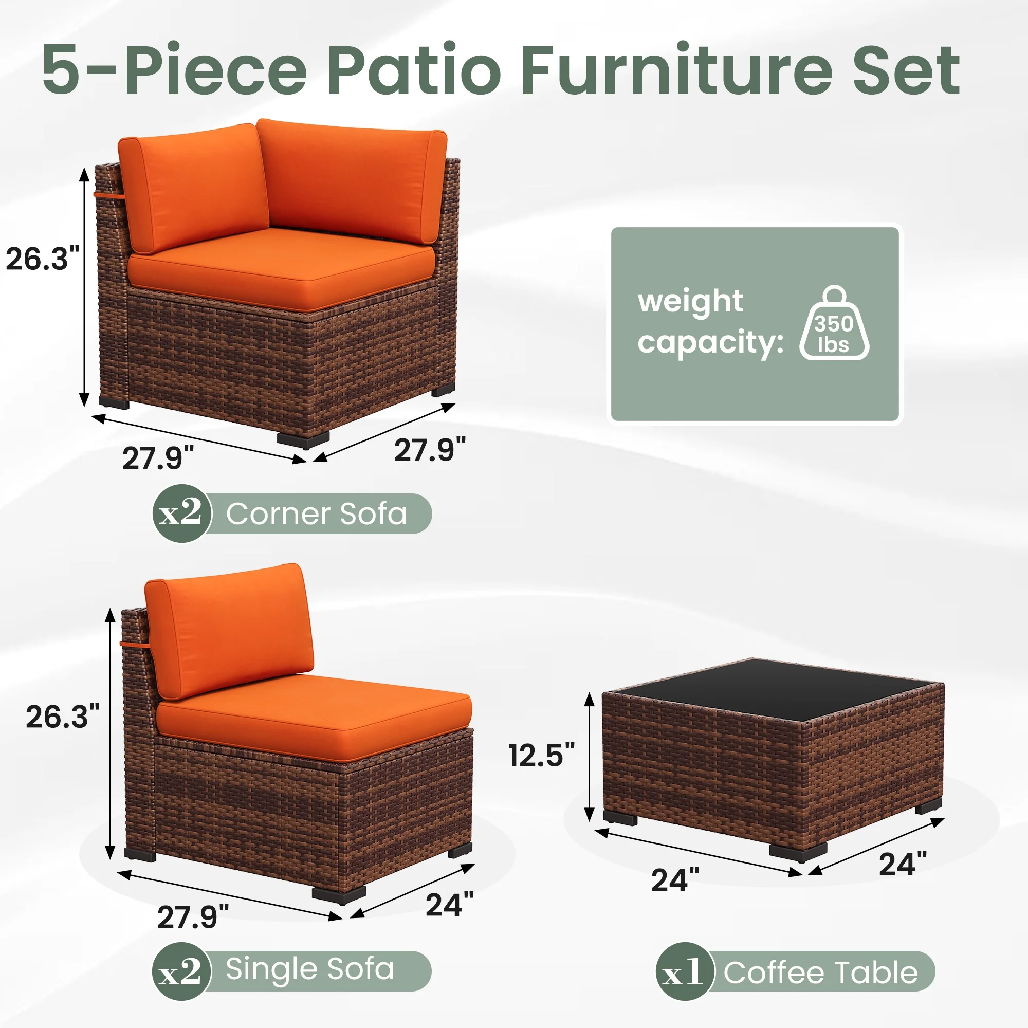 Poteban 7 Pieces Outdoor Sectional Sofa Set , PE Wicker Rattan Slanted Back Outdoor Conversation with Cushions and Glass Coffee Table for Backyard Garden, Dark Gray
