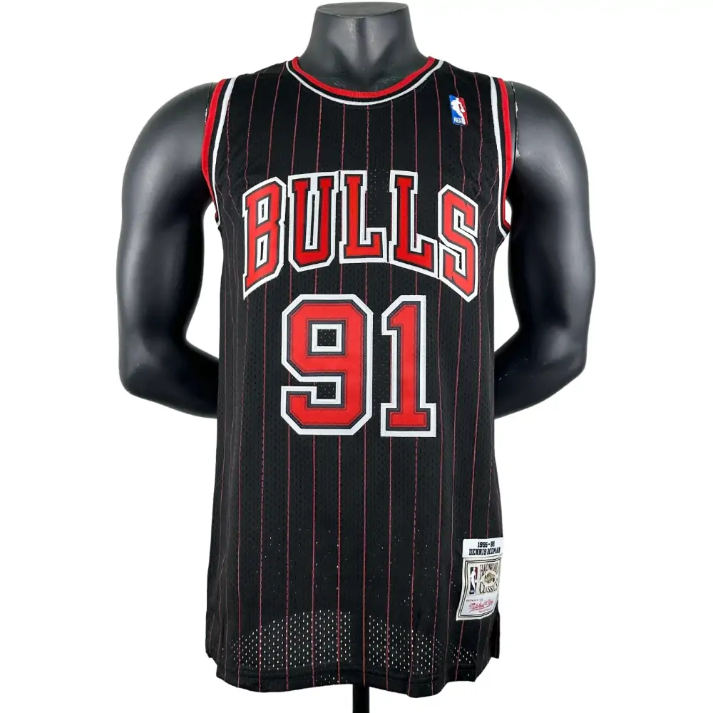 Embroidered MN retro jersey, Bulls 97/98 season, striped black, No. 91, Rodman