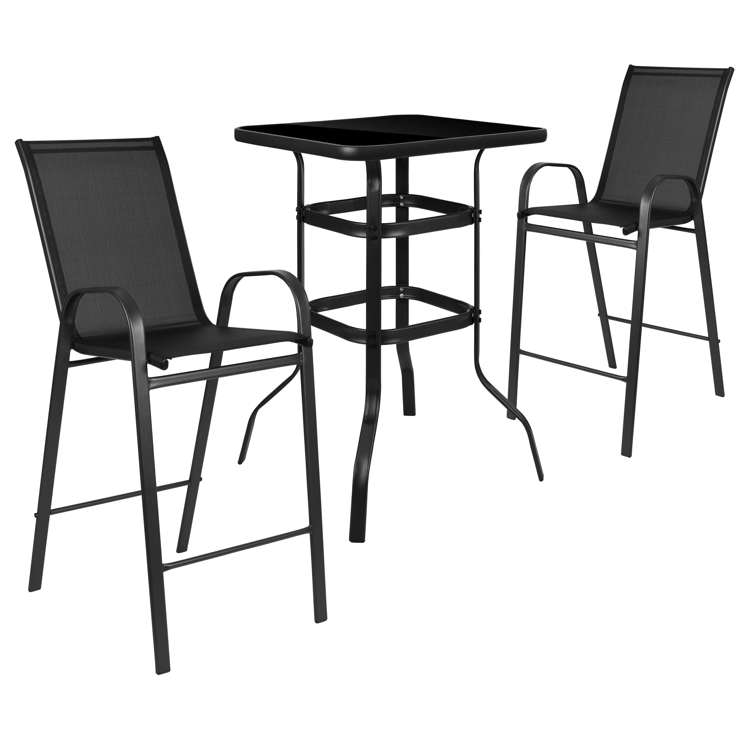 Emma + Oliver 3 Piece Outdoor Bar Height Set-Glass Patio Bar Table-Black All-Weather Barstools