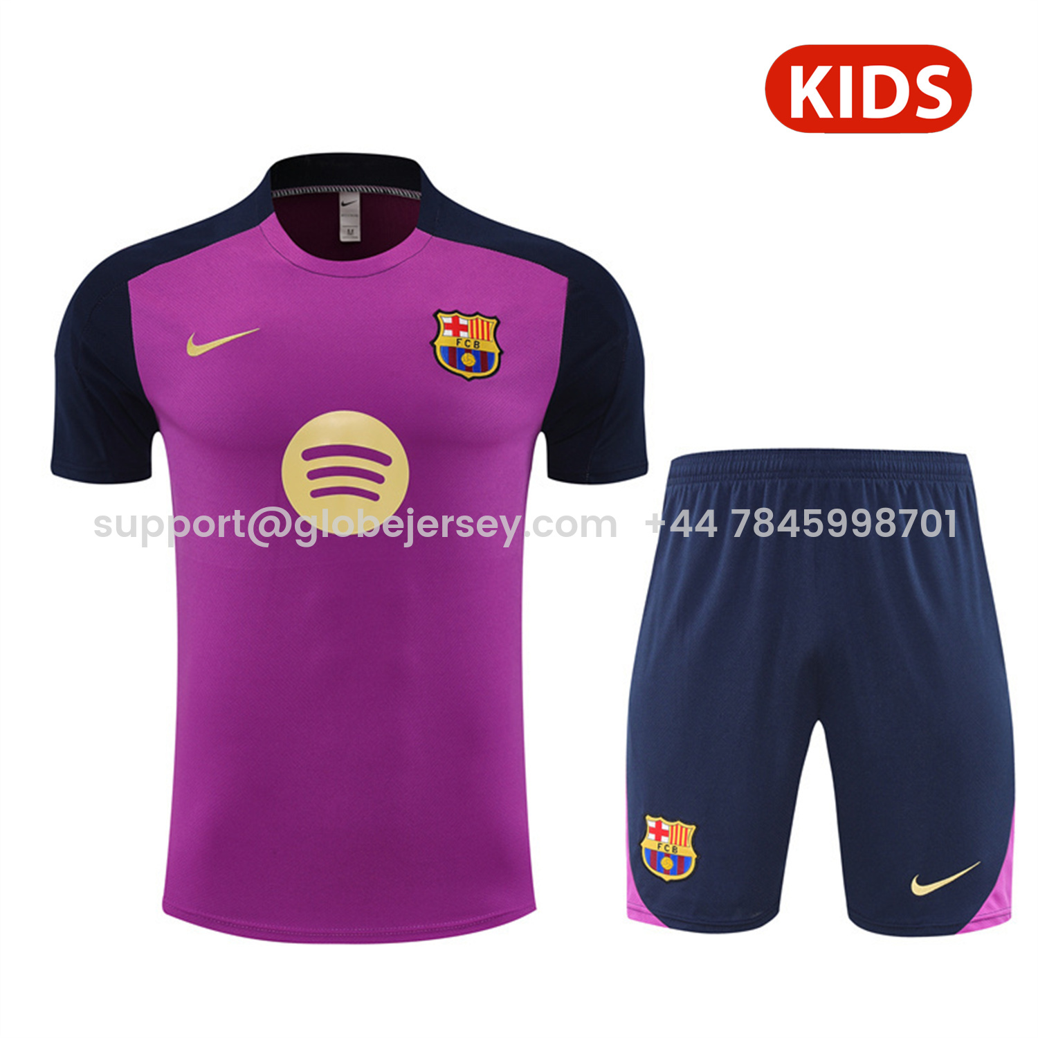 Barcelona 25-26 Kids Short-Sleeve Training Set - Purple Top & Deep Blue Shorts