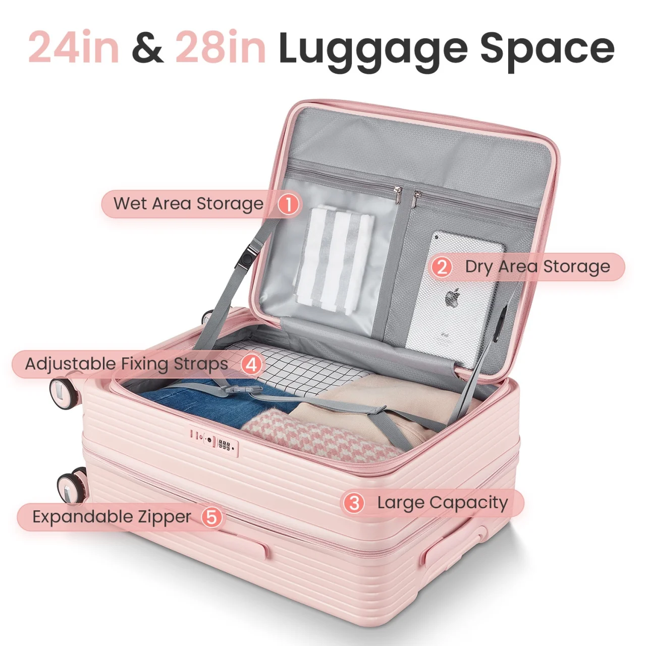 3 Piece luggage sets, Expandable Luggage 20/24/28 Inches with TSA Lock, PC Hardshell Luggage with Front Compartment, Airline Approved, Pink