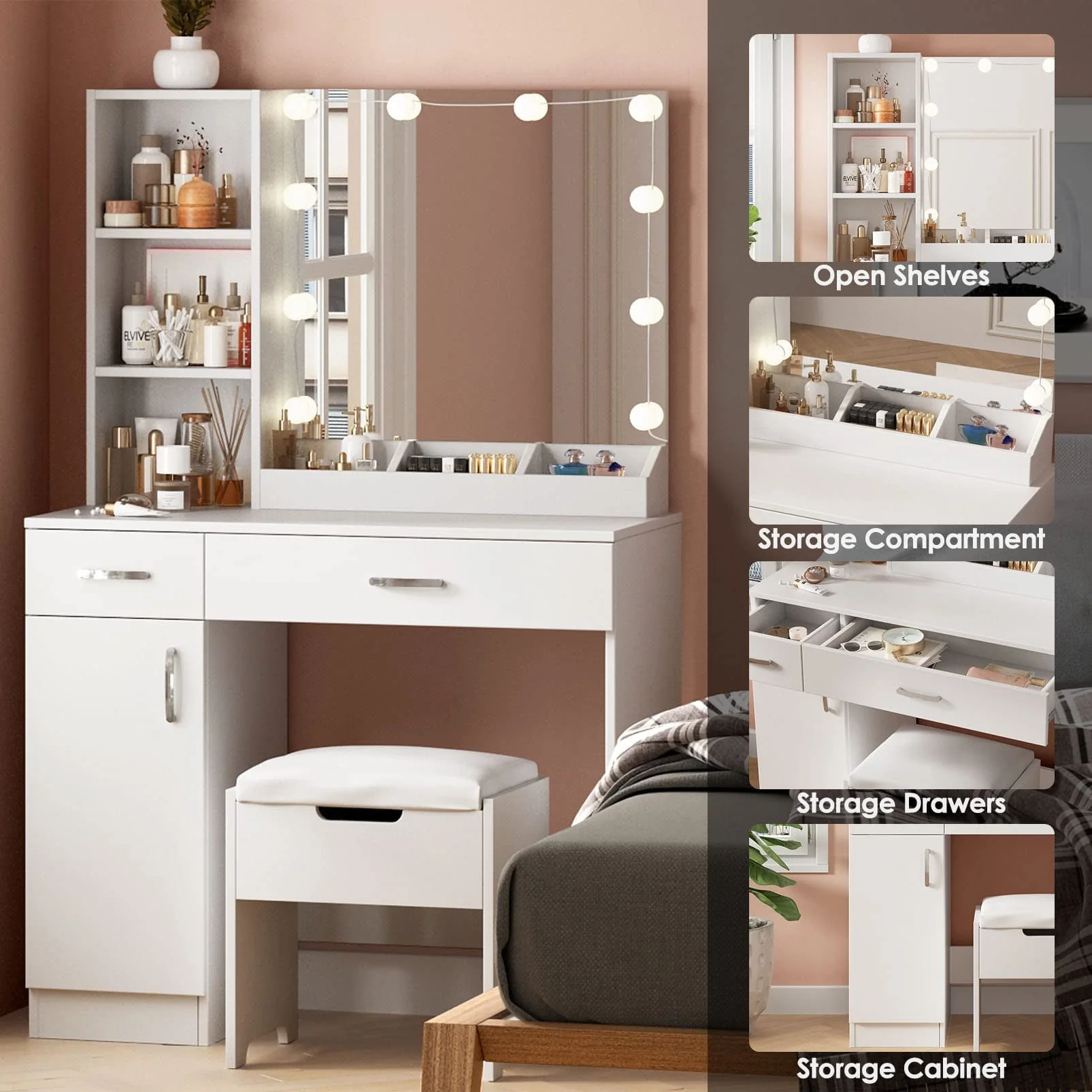 Veanerwood Makeup Vanity Table with 10 Led Lights, Lighted Mirror Vanity Desk, Modern Bedroom Dressing Vanity, White Finish