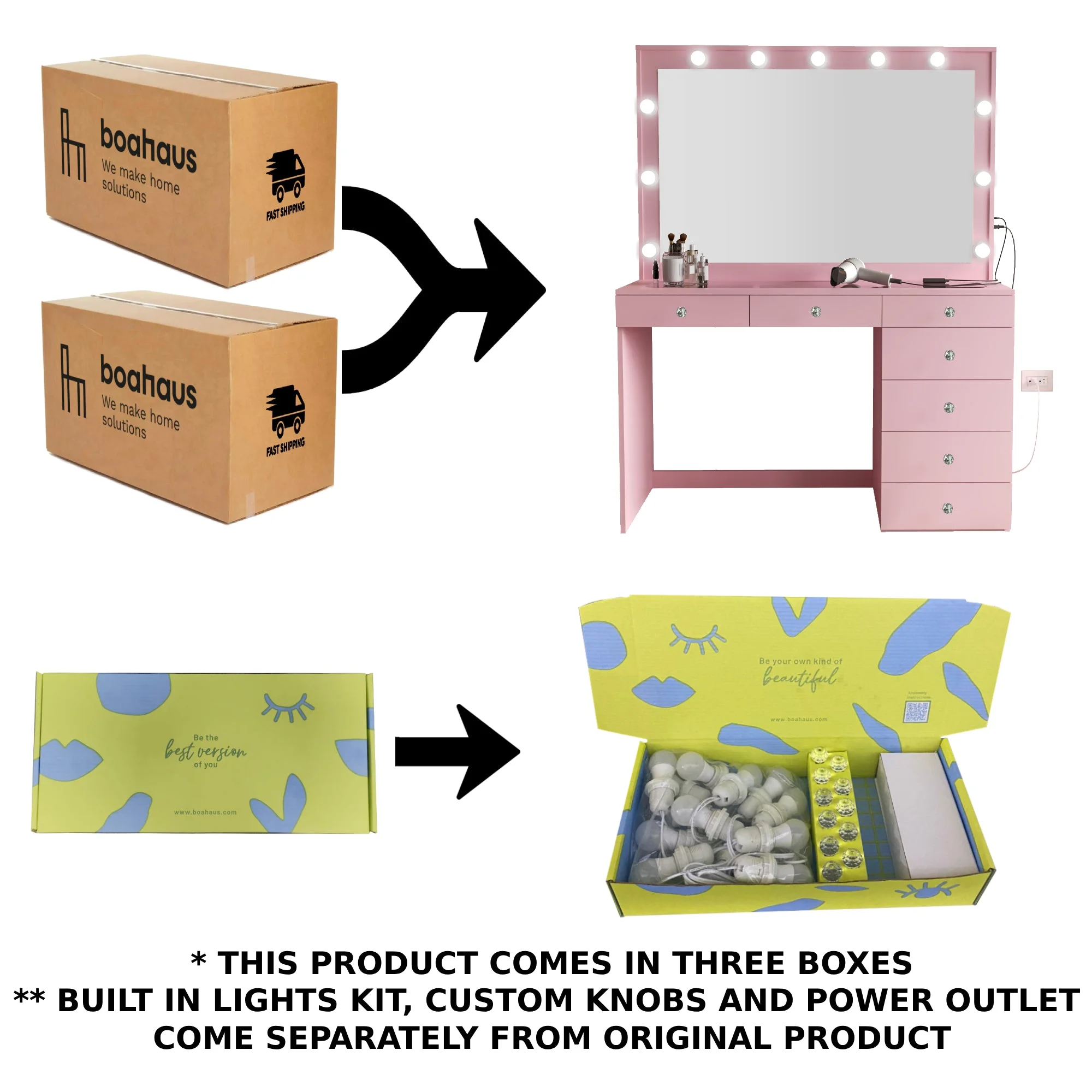 Ember Interiors Modern Large Greige Makeup Vanity Desk with Built-in Lights, Power Outlet with USB Type-C, Glass Top, 7 Drawers and Crystal Knobs