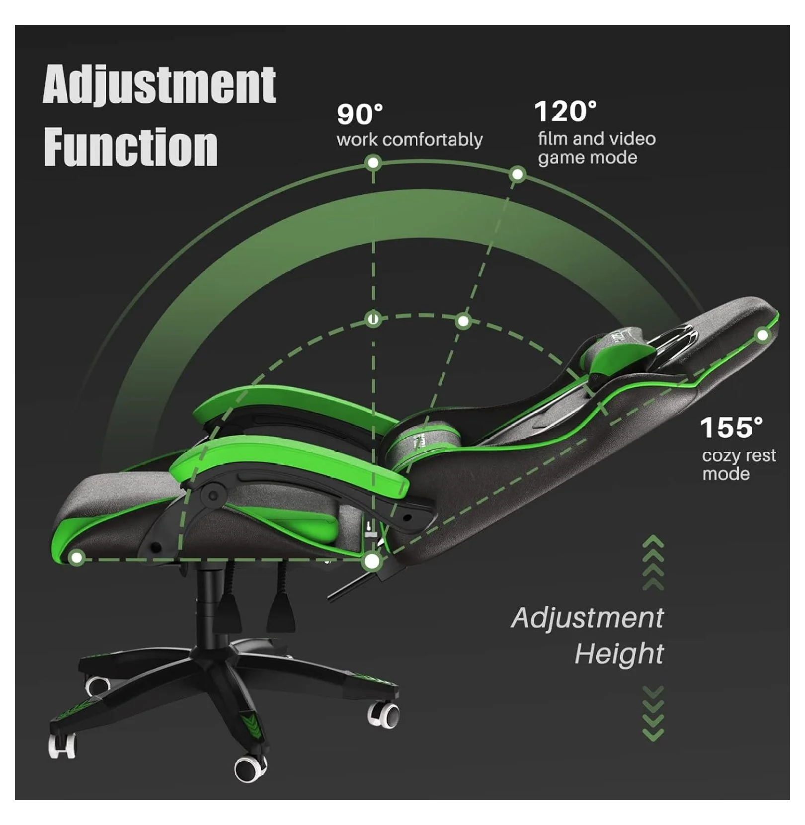 Gaming Chair Office Chair, Reclining High Back PU Leather Computer Desk Chair with Headrest and Lumbar Support, Adjustable Swivel Rolling Video Game Chairs Ergonomic Racing Chair, Green