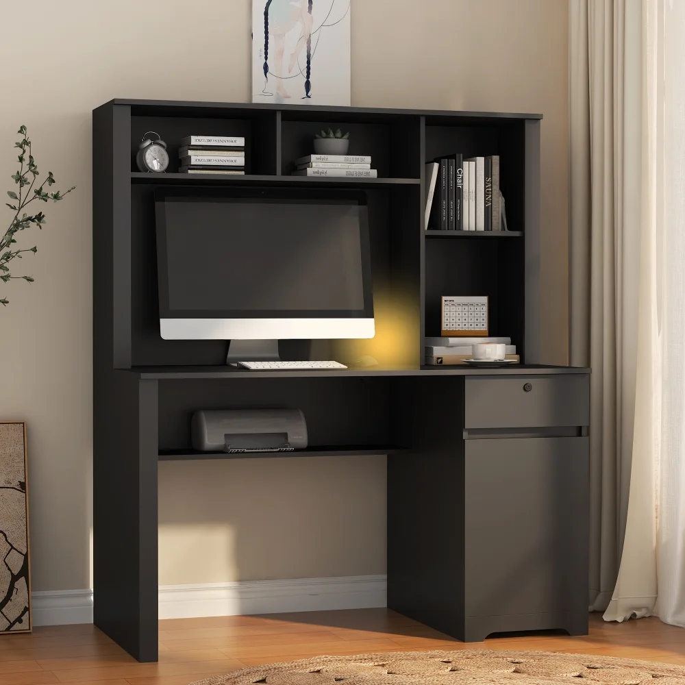 Tcbosik Modern Computer Desk with Charging Station and USB Night Light, Home Office Table with Hutch and Open Shelf, Gaming Workstation with Drawer and Cabinet for Living Room, Study Room, Black