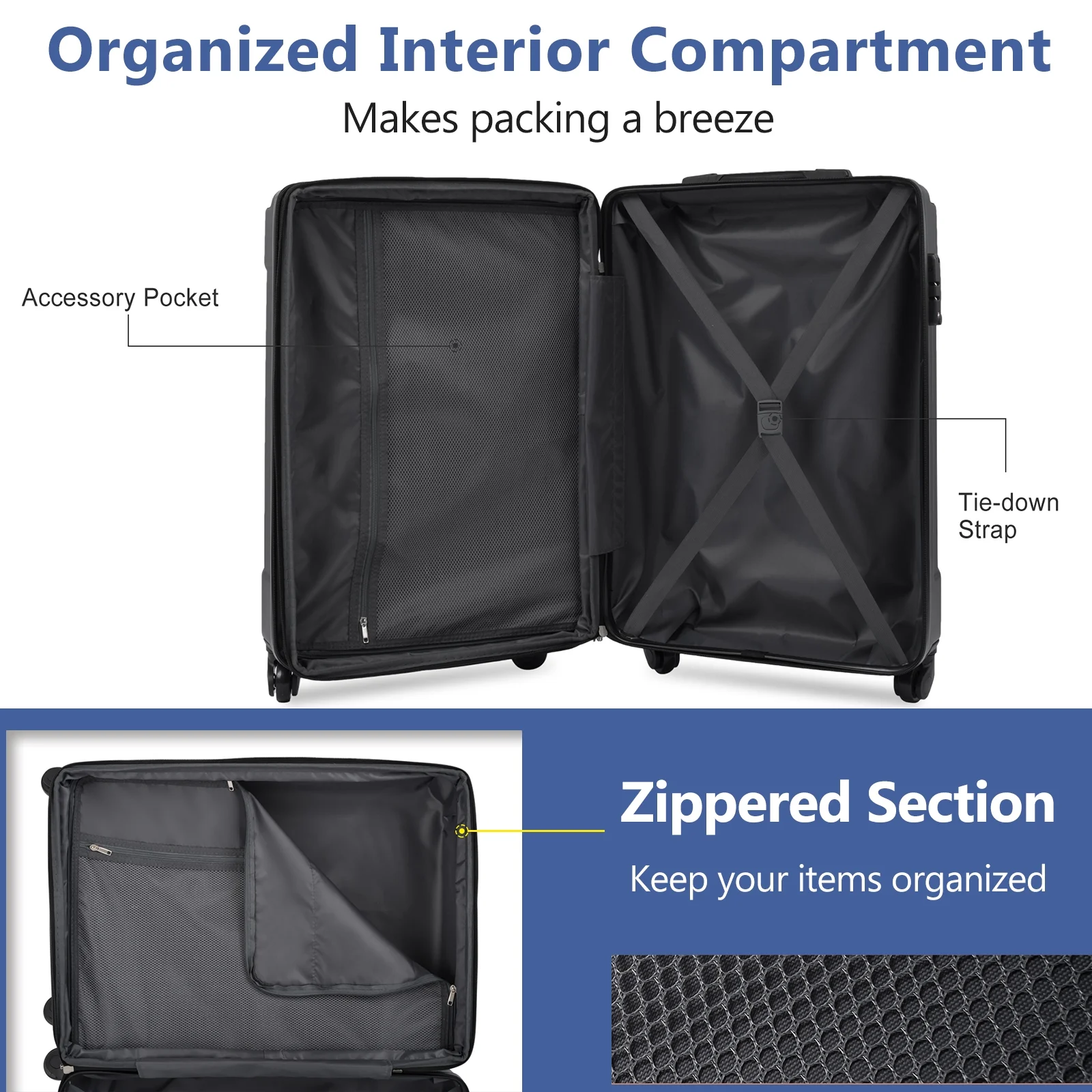 EUROCO 3 Piece Luggage Set, Expandable Hardshell Suitcase with TSA Lock and Double Spinner Wheels,ABS Lightweight Durable Travel luggage Set(20