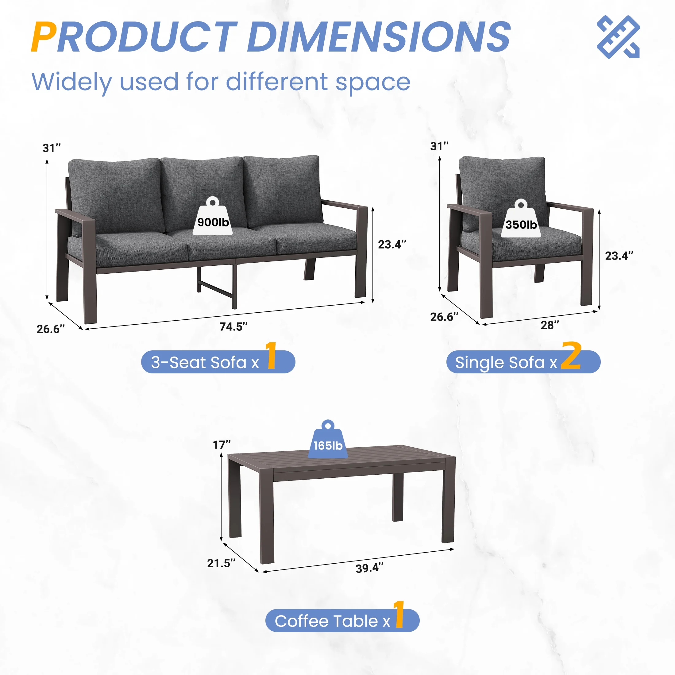 POTEBAN Aluminum Patio Furniture Set, Modern Metal Outdoor Sectional Sofa, Patio Conversation Sets with Side Table for Poolside, courtyard,Blue