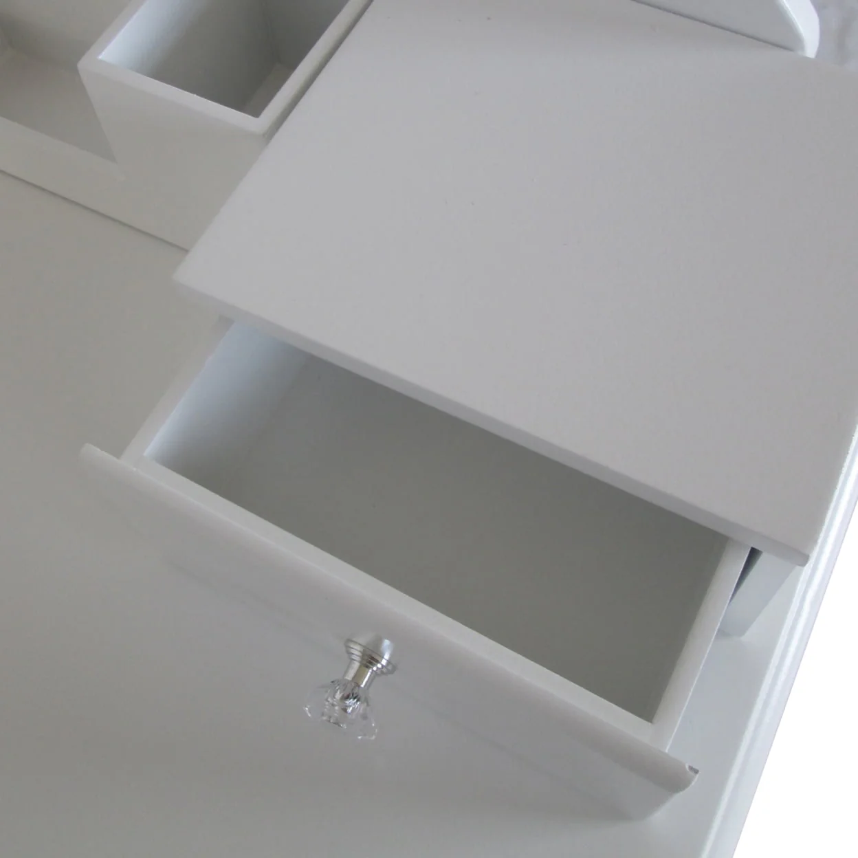 32 Inch 2 Piece Vanity Desk Set with LED Lights, 5 Drawers, Cushioned Stool, White Solid Wood-Saltoro Sherpi