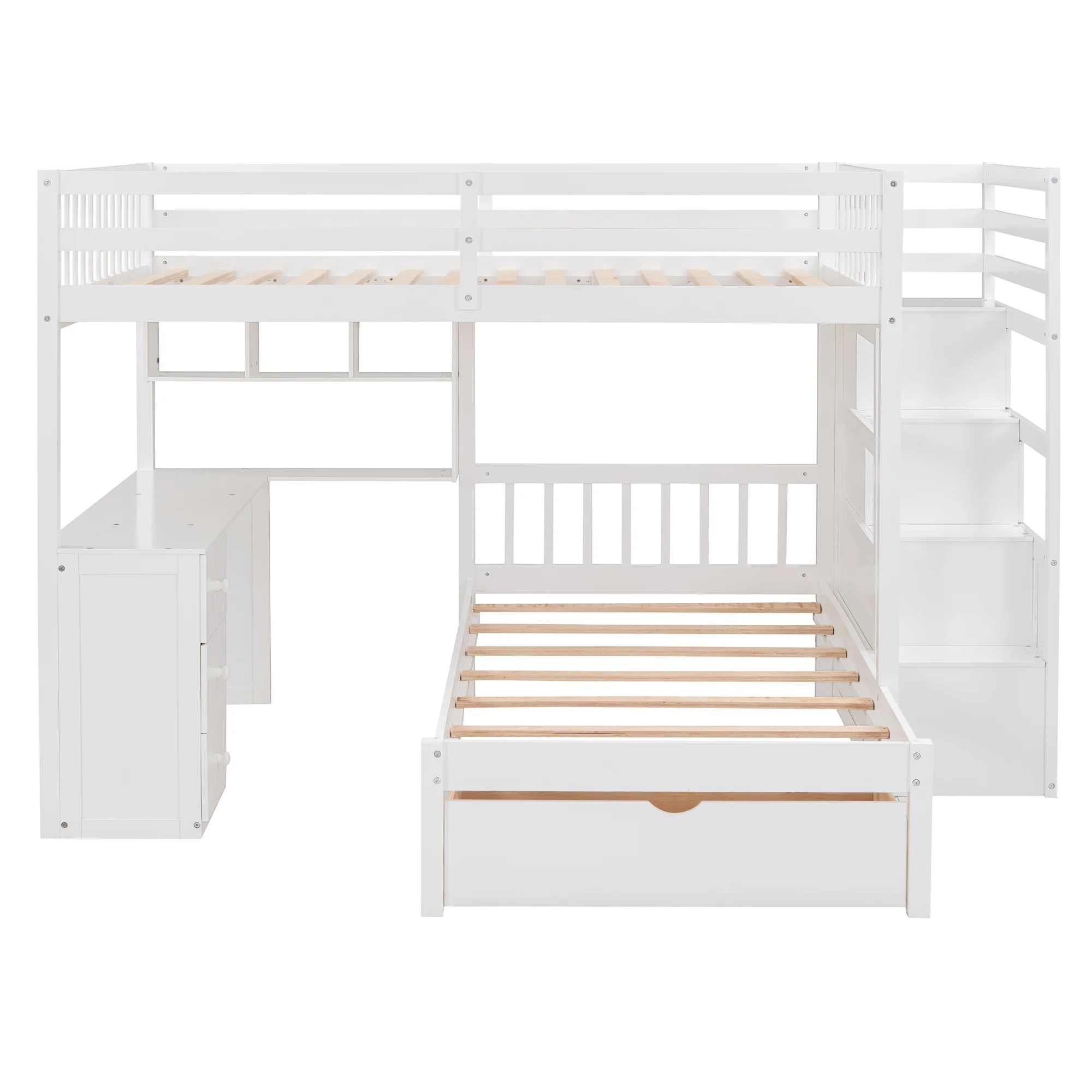 Harper & Bright Designs Full Over Twin Bunk Bed with Desk, Drawers and Shelves, L-Shaped Bunkbeds with Storage Staircase for Adults Bedroom, White