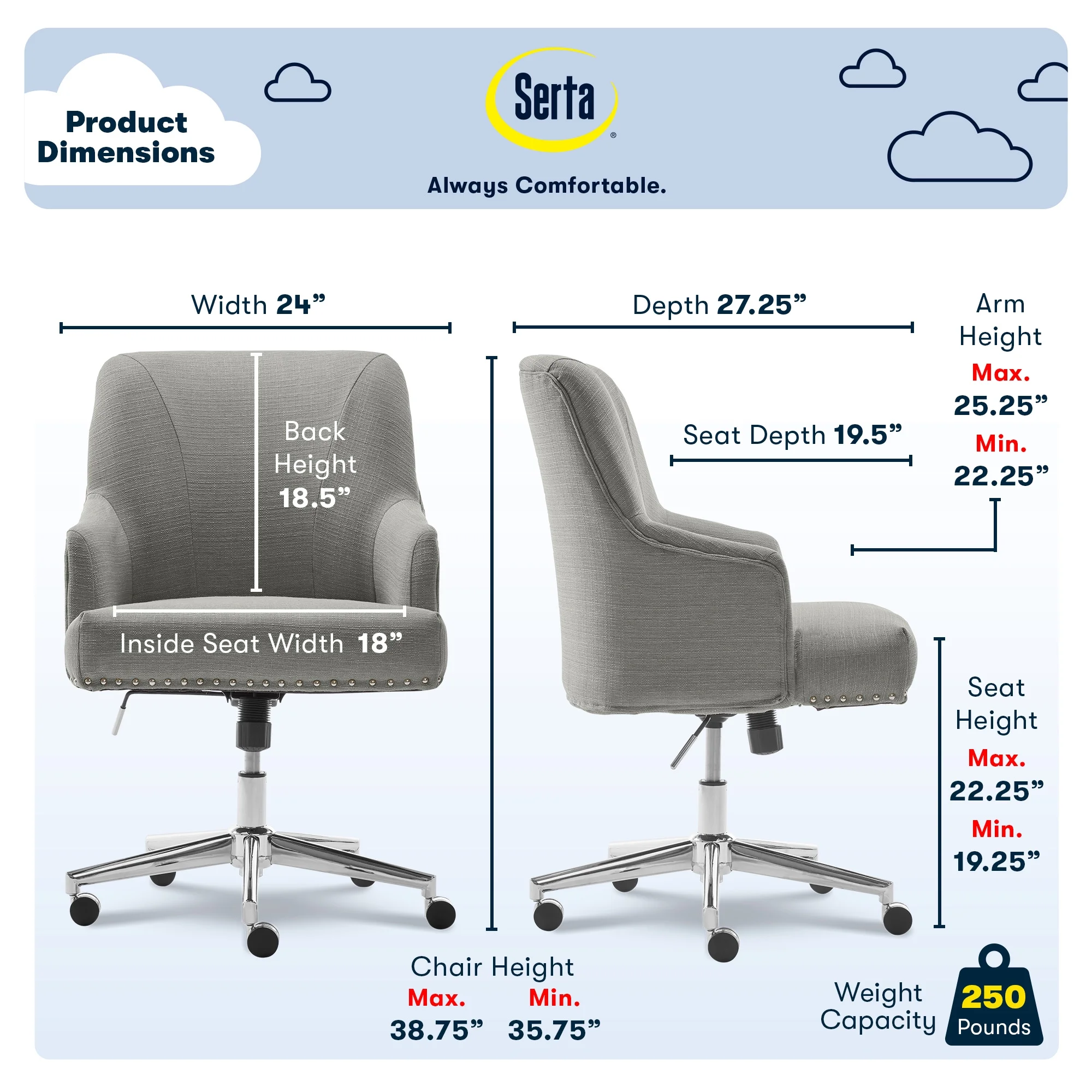Serta Leighton Home Office Desk Chair Chrome Nailheads Twill Fabric Lilac Purple