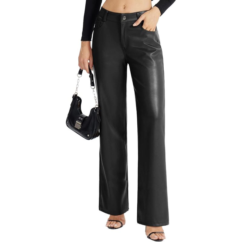 Women's Faux Leather Pants Button Straight Leg PU Jeans with Pockets