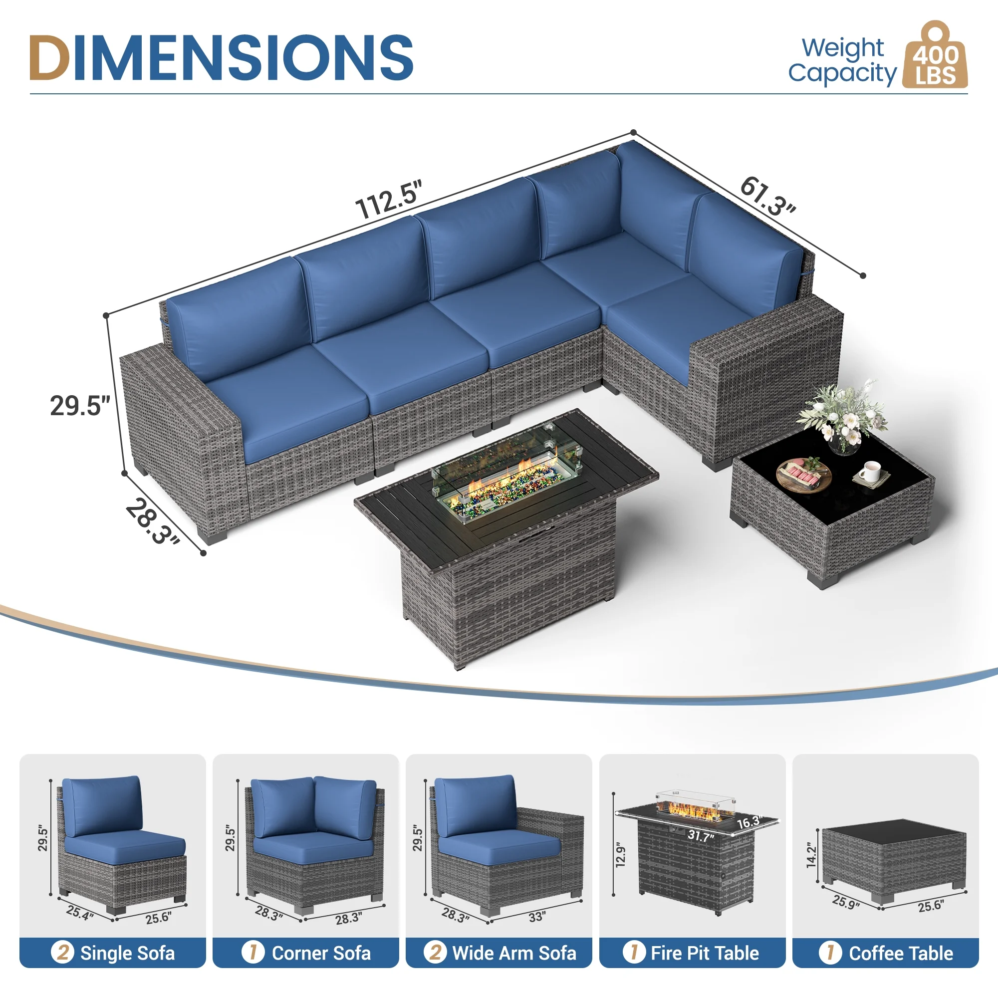 Poteban Patio Furniture Set 6 PCS Outdoor Sectional Conversation Sets Featuring Widen Wicker Armrests and High Back, Black (Waterproof Covers Included)