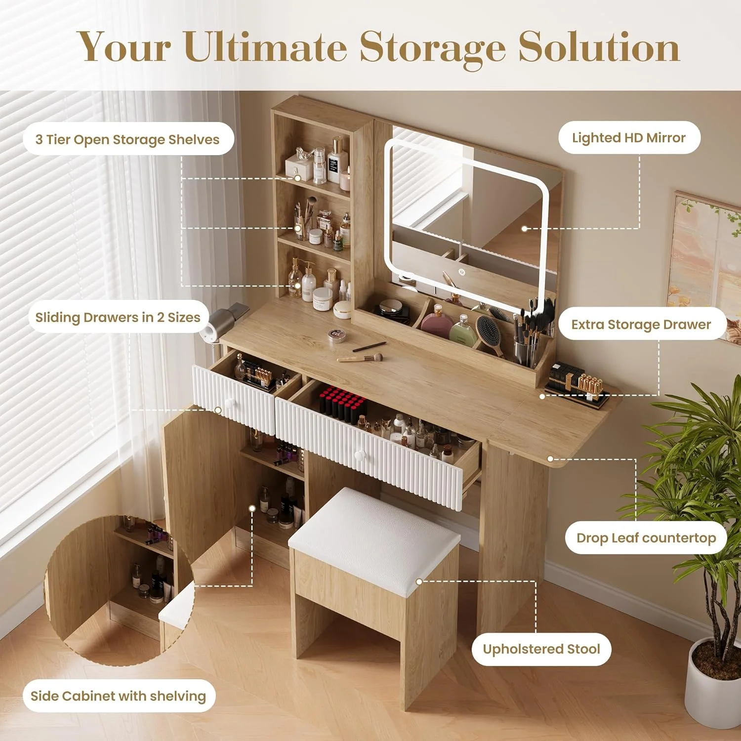M optimized Vanity Desk with Mirror and Lights, Power Outlets Makeup Table with Drawers & Cabinet, Storage Stool, Dressing Table for Bedroom
