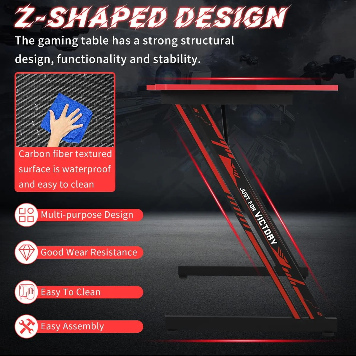 47 inch Z-Shaped Gaming Desk Computer Desk, Ergonomic Writing Office Desk Racing Style PC Gaming Table Workstation with Headphone Hook for Game Players, Red
