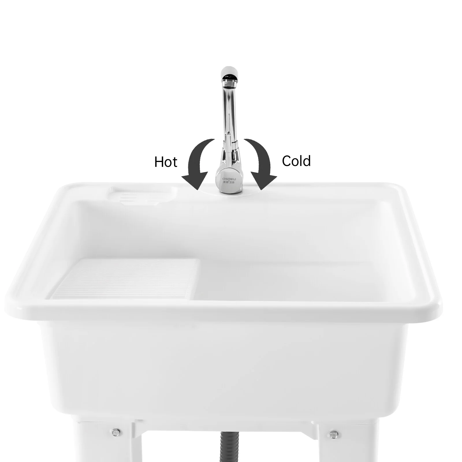 Freestanding Laundry Sink Plastic Basin Tub Utility Wash Bowl with Hot&Cold Faucet/Washboard for Sundry Rooms