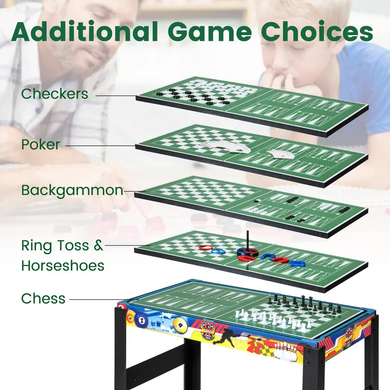 12-in-1 Multi-Sport Table: Foosball. Pool. Ping Pong. Air Hockey. Bowling. Shuffleboard. Chess. Checkers & Backgammon