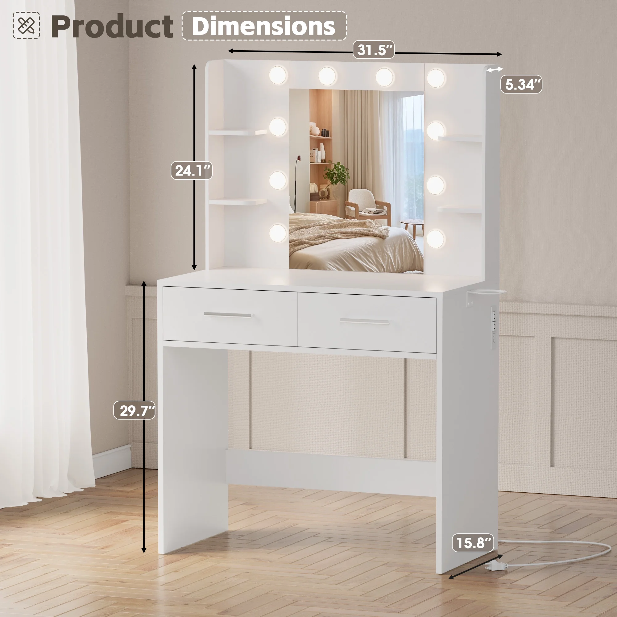 Furmax Makeup Vanity Table and Chair Set with 3 Modes Adjustable Lights and Mirror Vanity Desk with Shelves and Drawer, White