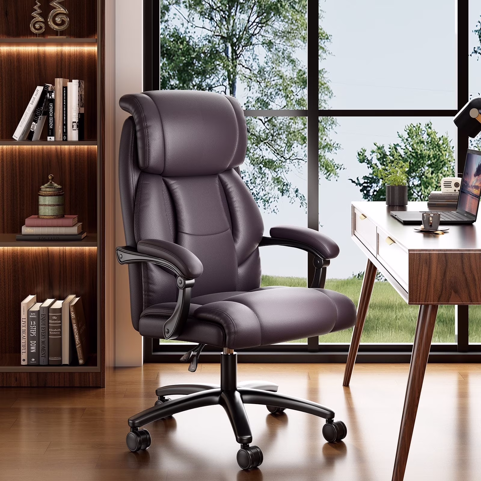Solfway Big and Tall Office Chair 400LBS, High Back Black Leather Executive Office Chair, Computer Desk Chair with Adjustable Flip-up Arms, Wheels and Lumbar Support