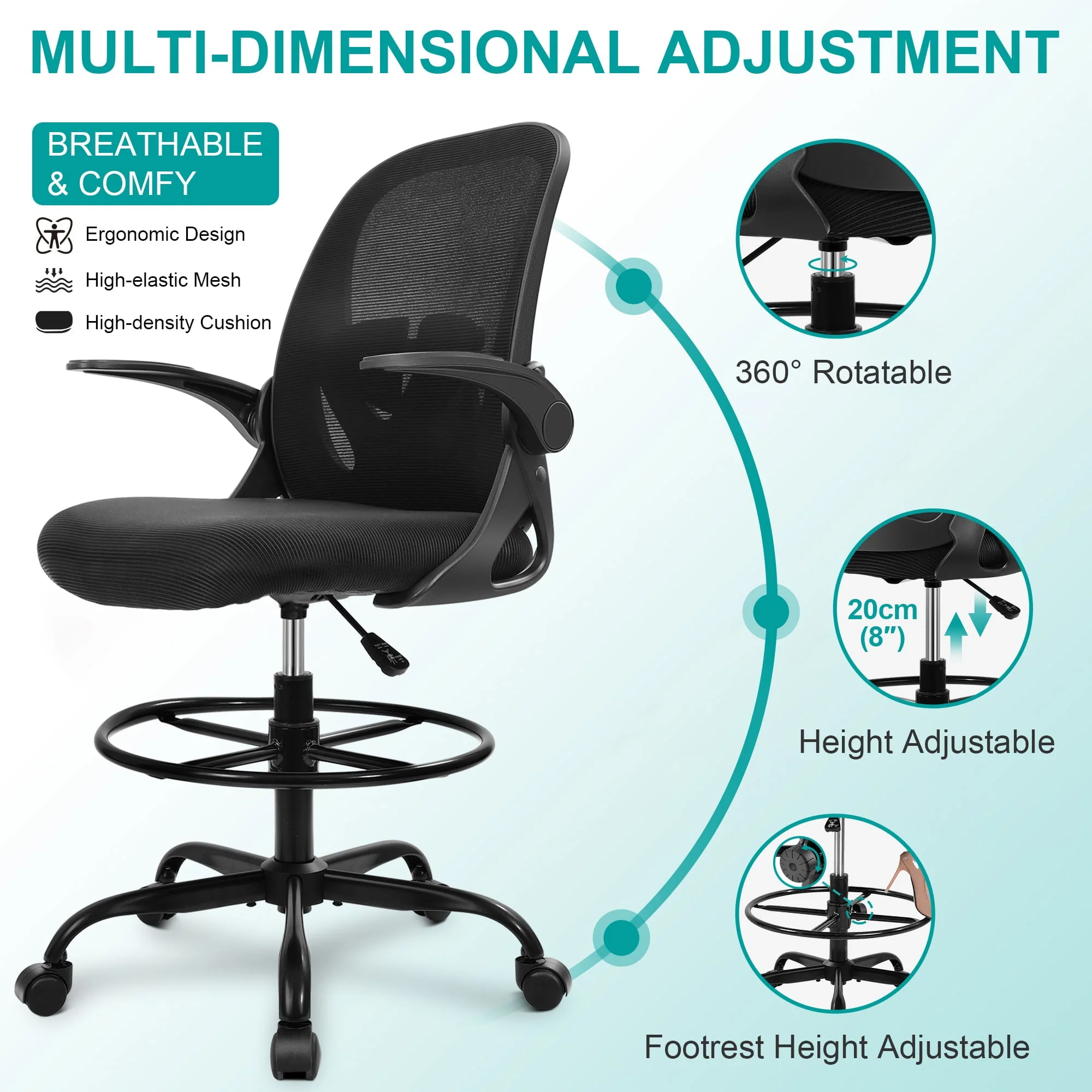 Coolhut Drafting Chair Tall Office Chair with Flip-up Armrests Executive Ergonomic Computer Standing Desk Chair with Lumbar Support and Adjustable Footrest Ring (Black)