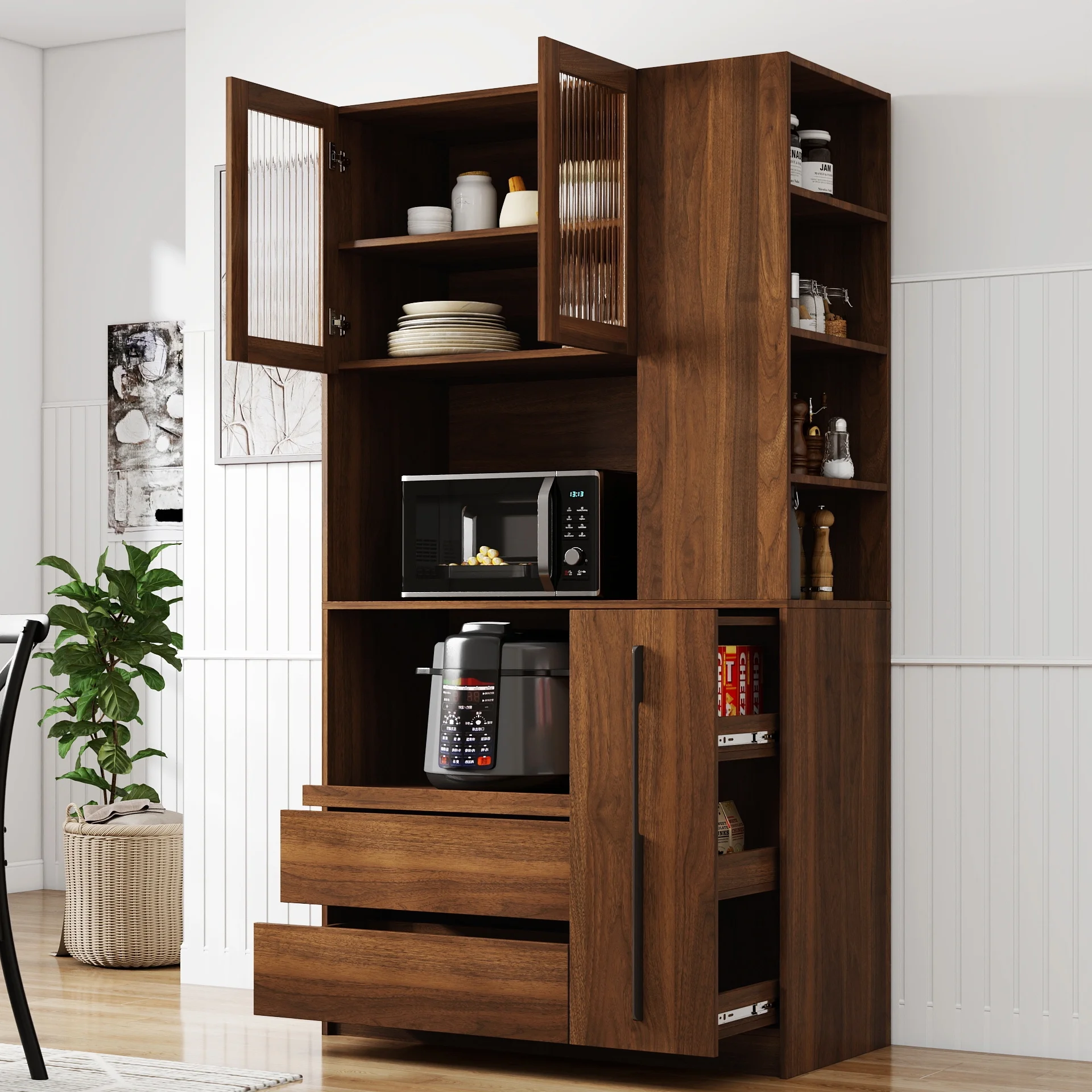 Kitchen Pantry Cabinet w/4-Tier Storage Cart, 2 Drawers & 2 Glass Doors, Tall Storage Cabinet w/Shelves