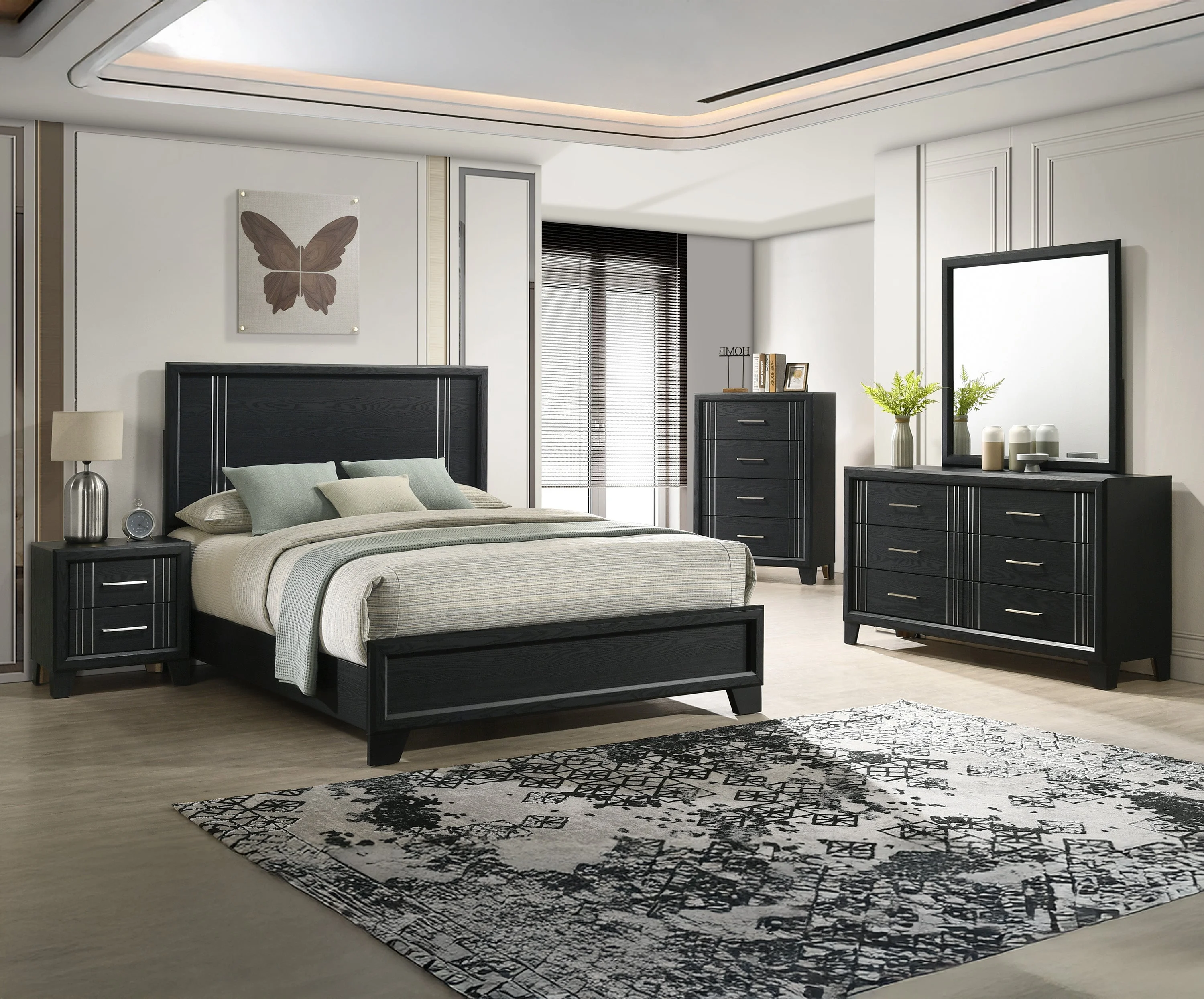 Beautiful Charcoal Finish Full Panel Bed Dresser Mirror 3pc Bedroom Set