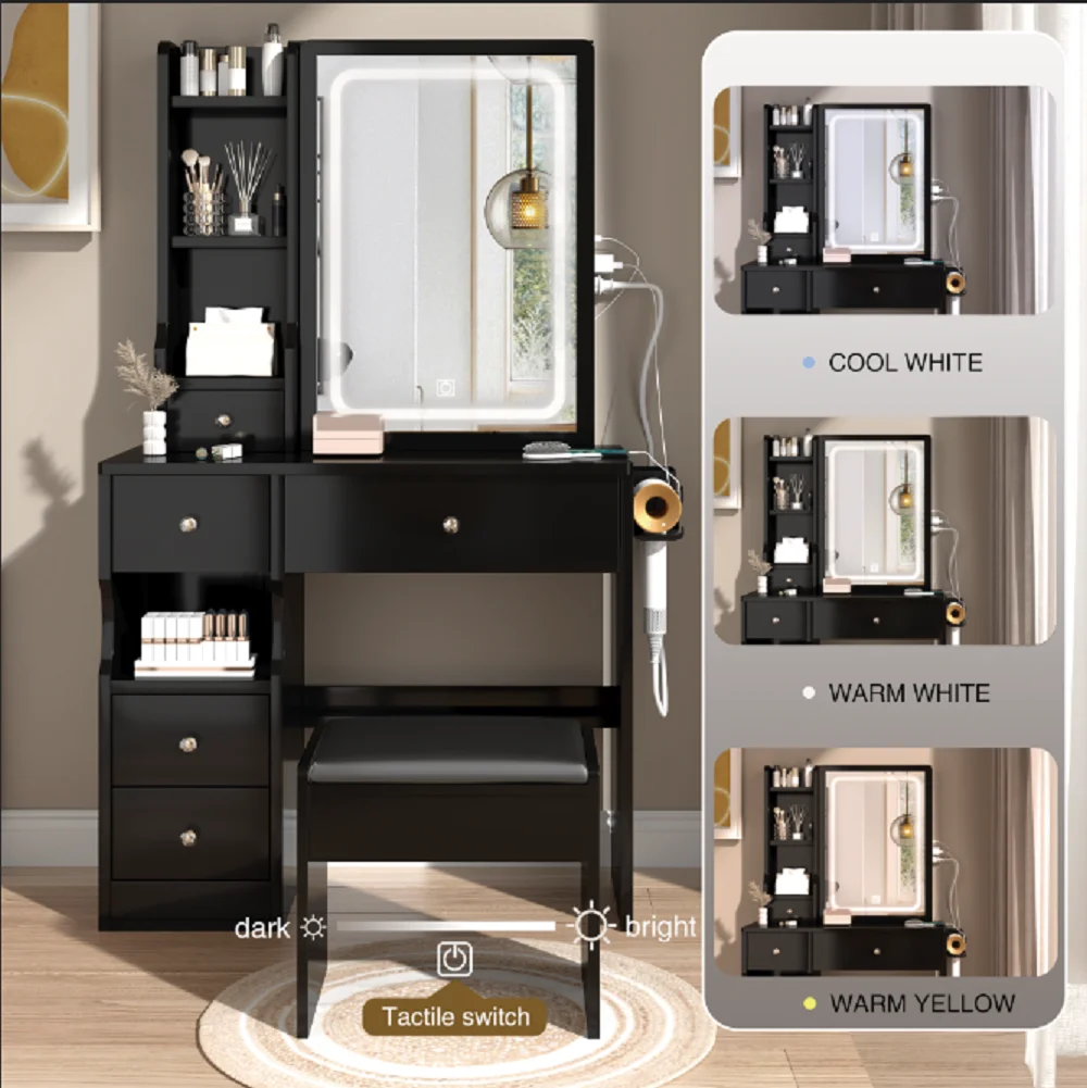 Vanity Set with Stool, Black Vanity Desk with Mirror, 5 Drawers and 2-Layer Shelves, LED Three-Tone Lighting, Particle Board With Triamine Coating, Solid Wood Legs With Copper Sheath Decoration