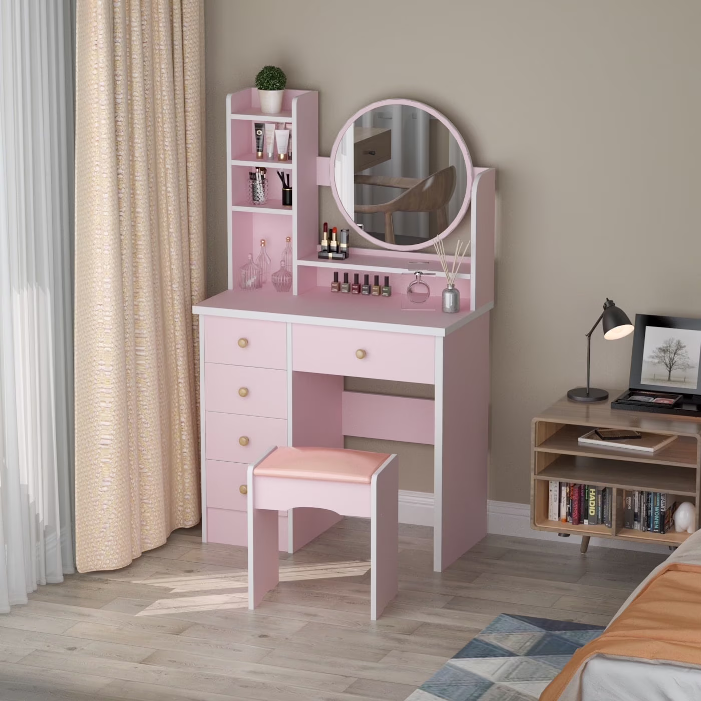 MONSLIPA Makeup Vanity Desk Set w/ Light, Sturdy Dressing Vanity Table with Bench, Shelves & Drawers