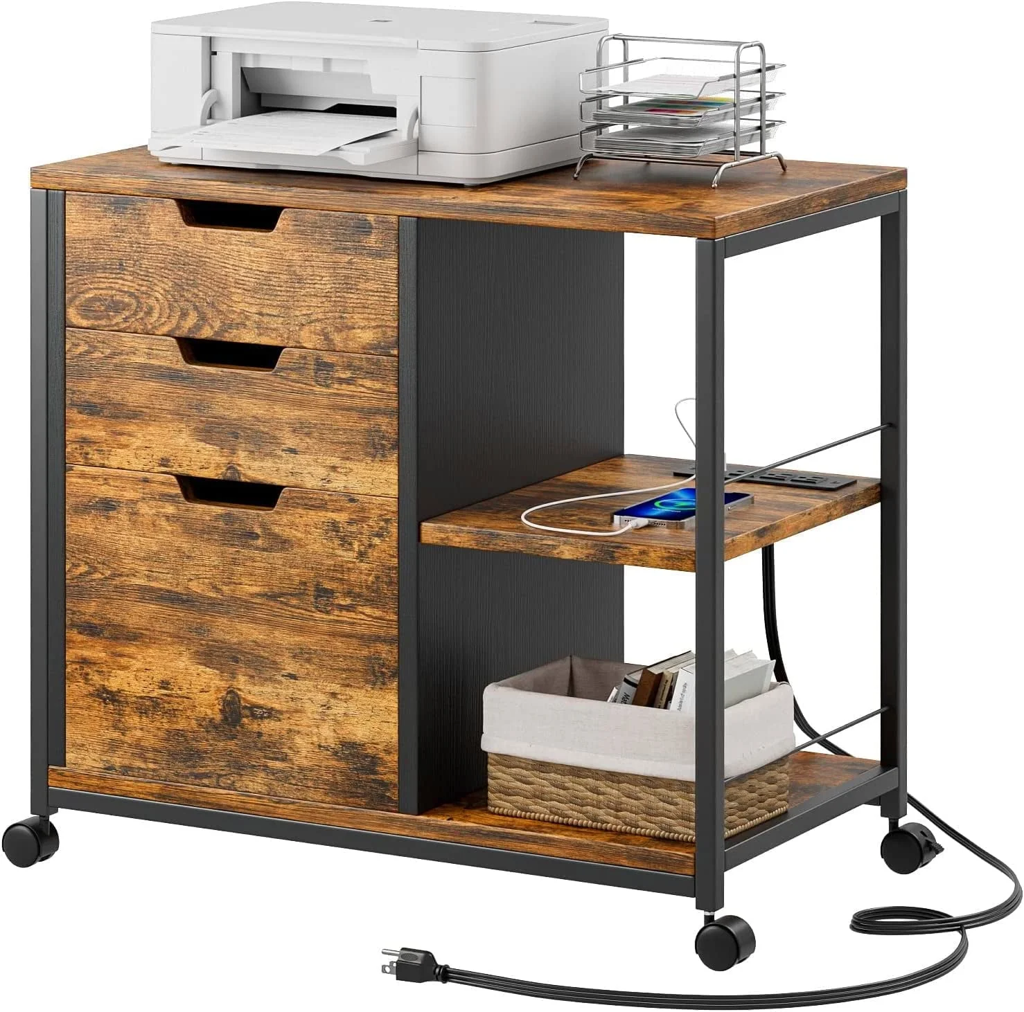 YaFiti File Cabinet, Wooden Rolling File Cabinet with Socket USB Charging Port, Lateral Filing Cabinet Organizer for Home Office , Rustic Brown