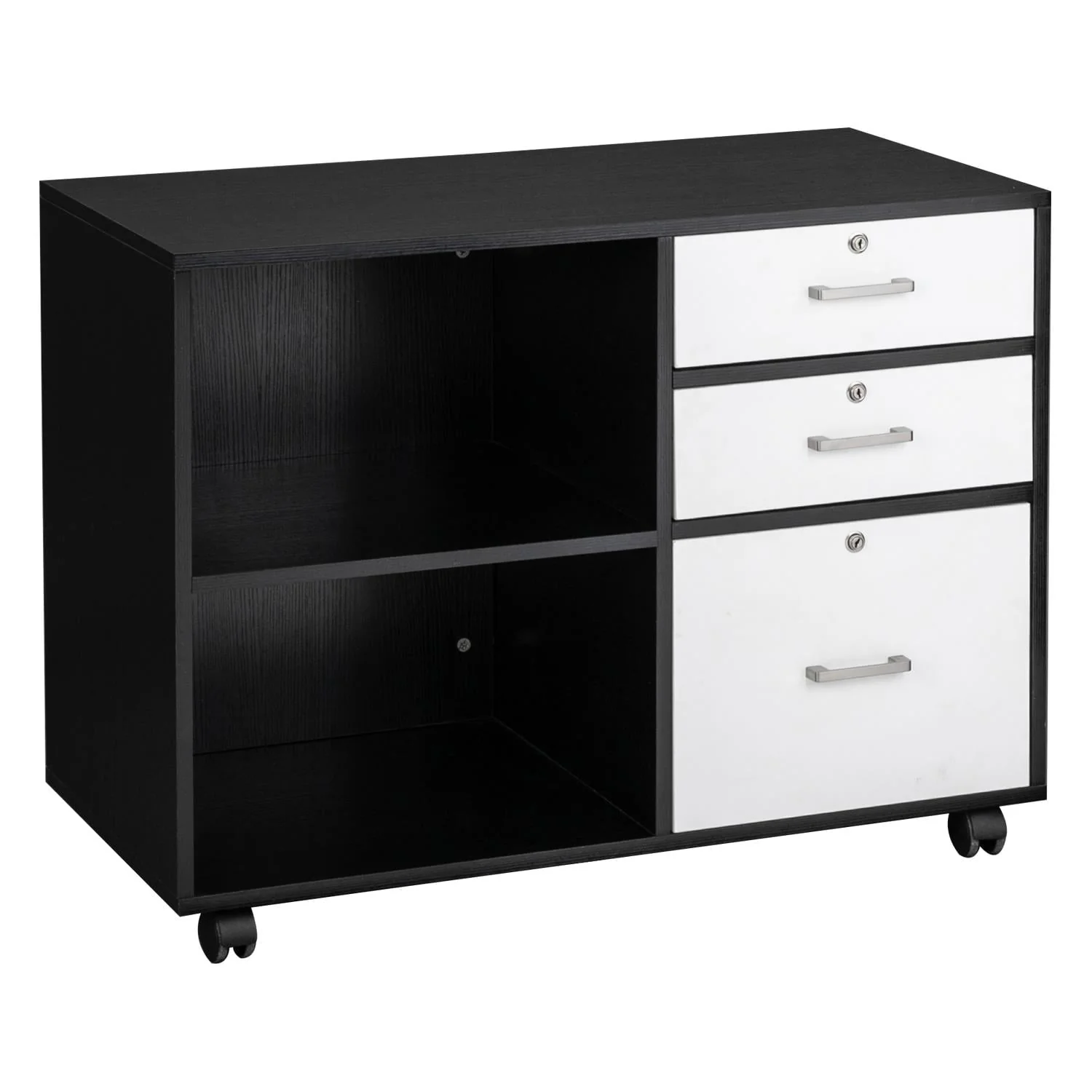 Ktaxon 3 Drawer Wood File Cabinets, Lateral Mobile Filing Cabinets Printer Stand with Locks and Wheels, Open Storage Shelves for Home Office