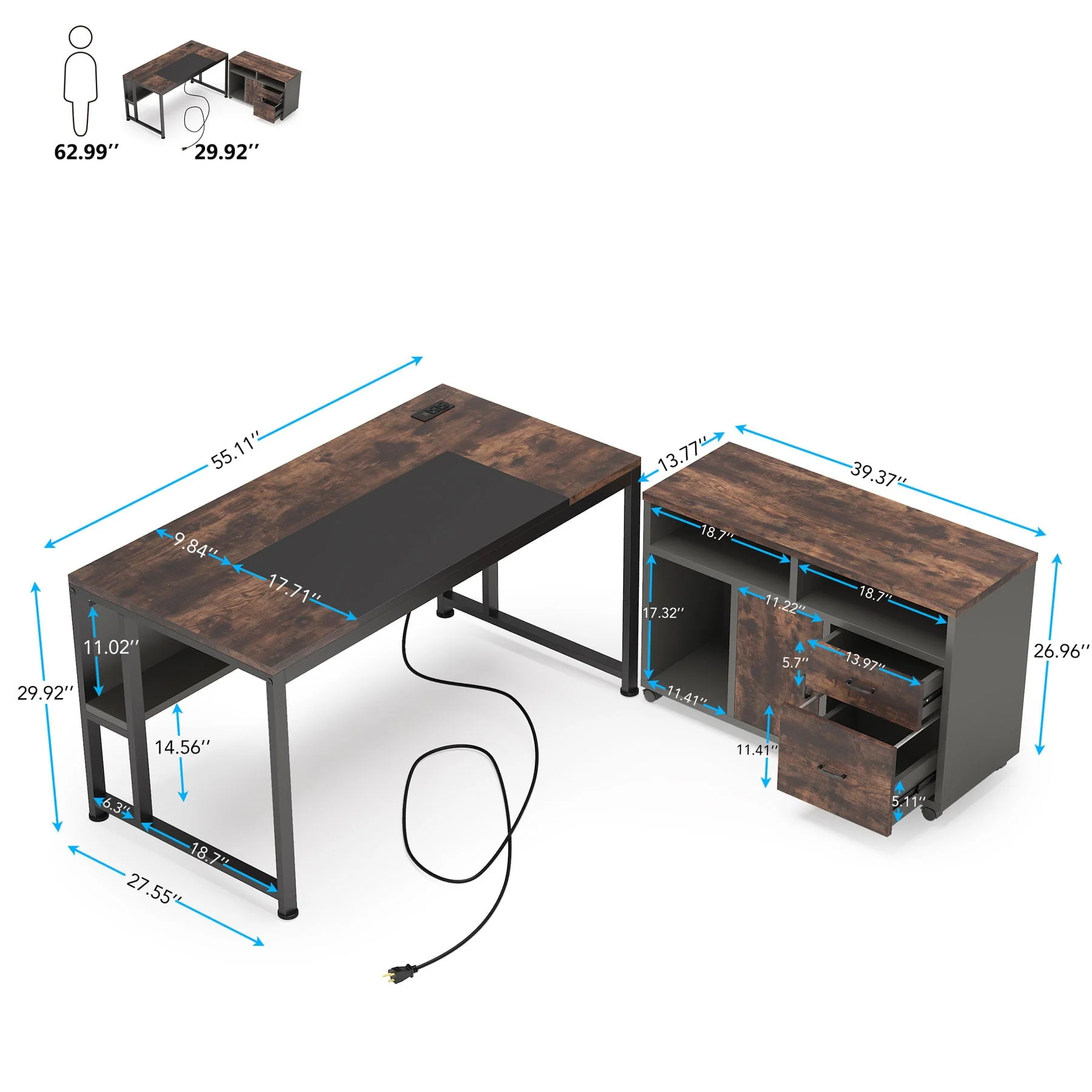 L-Shaped Computer Desk, 55 inches Executive Office Desk with File Cabinet and Power Outlet, Table Writing Desk with Drawers and Shelves, Business Furniture Set for Home Offices