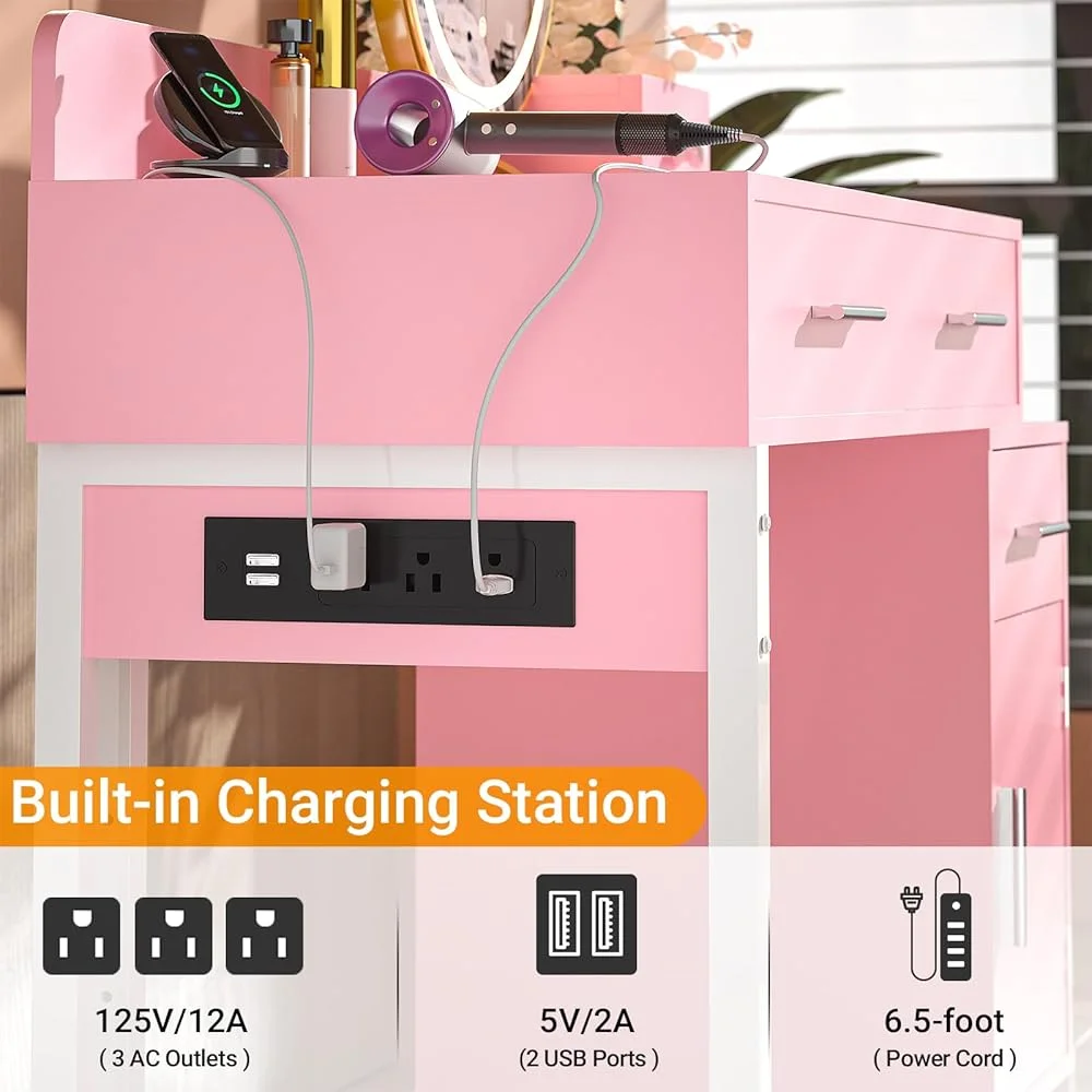 Vanity Desk With 4 Drawers and Cabinet, Makeup Vanity Table With Charge Station Socket, Small Space Makeup Bedside Cupboard, Gift for Her Choice, Suit for Apartment/Dorm/Bedroom, Cute Pink