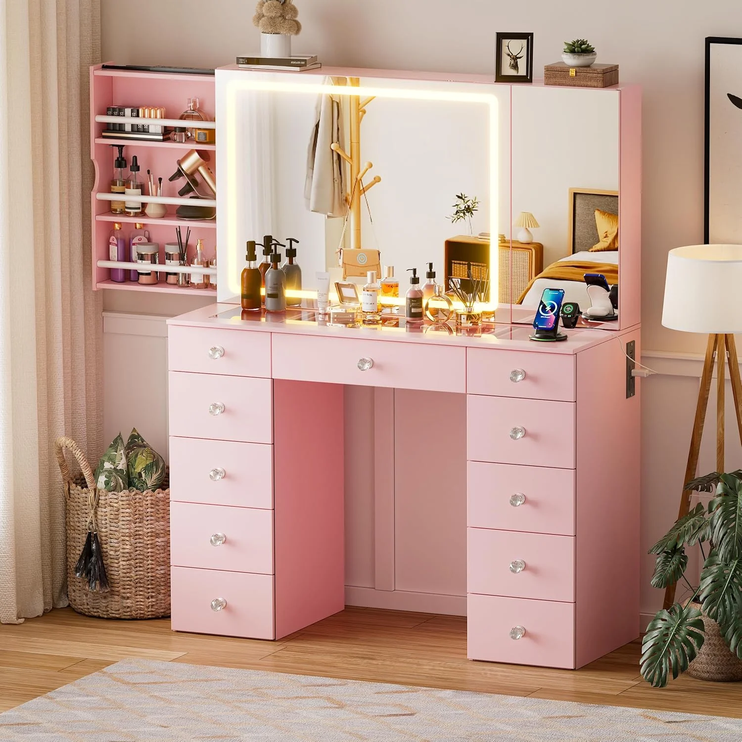 PAKASEPT Vanity Set with Lighted Mirror, Large Vanity Desk with Charging Station, Makeup Vanity Table with 11 Drawers & Hidden Sliding Storage Cabinet & Visible Glass Tabletop for Bedroom (White)