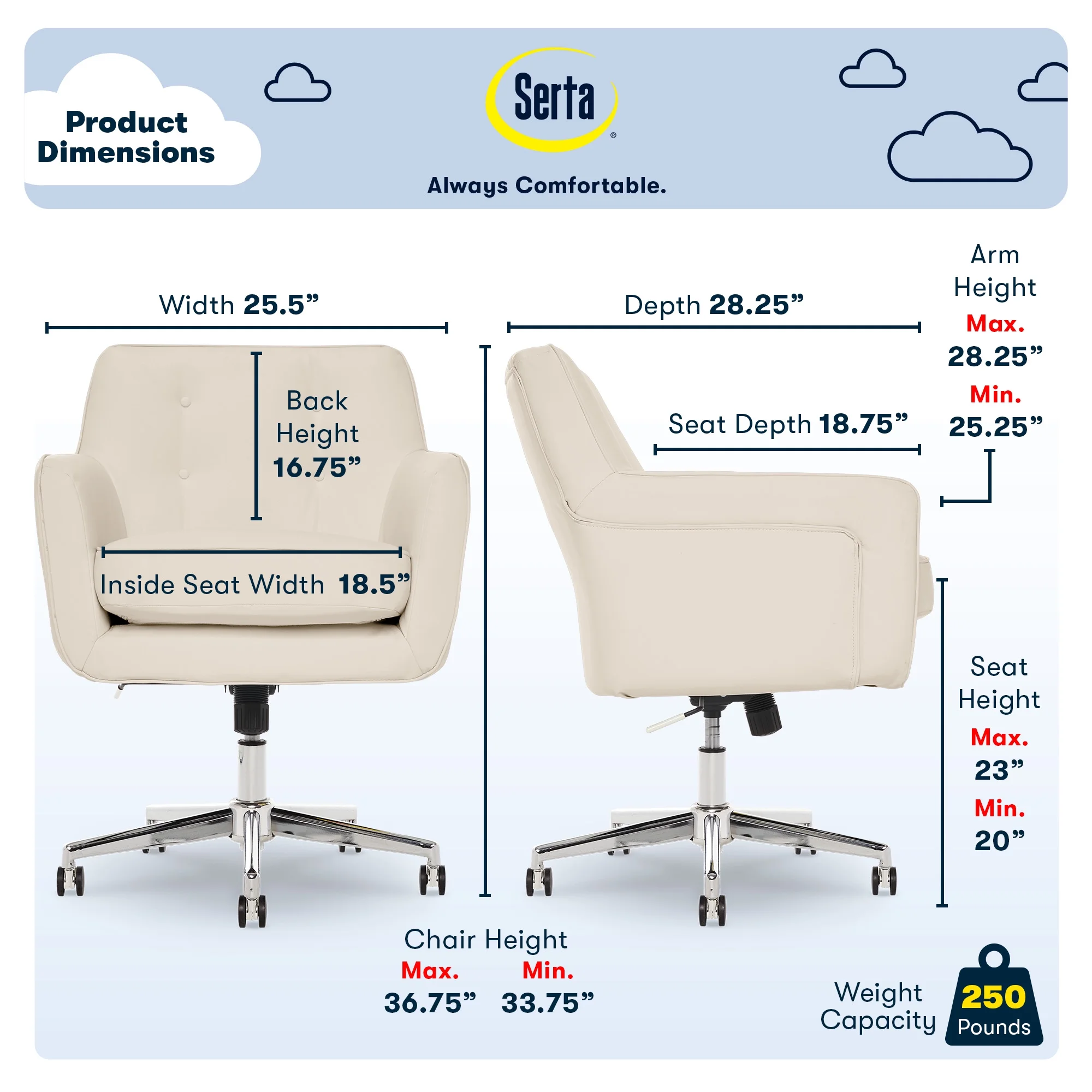 Serta Ashland Office Desk Chair, Button Tufted Mid-Back, Memory Foam Cushion, Chrome Swivel Base, Charcoal