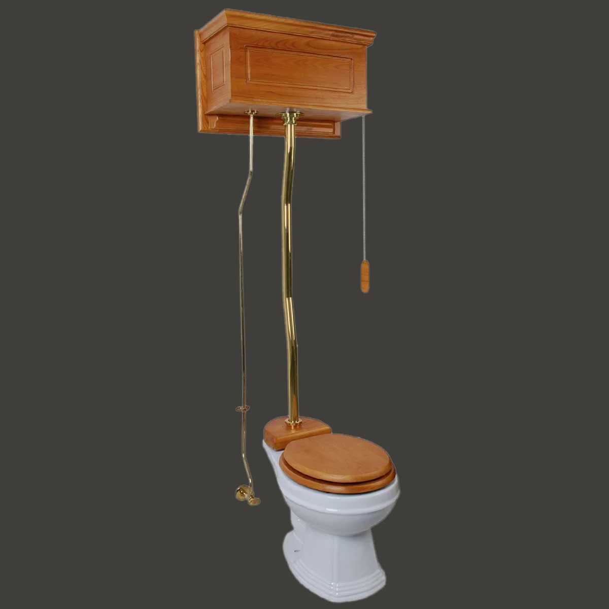 Light Oak Finish High Tank Pull Chain Toilet Wooden Raised Tank Round Top Entry White Porcelain Bowl and Brass Z Pipes Adjustable Height 59