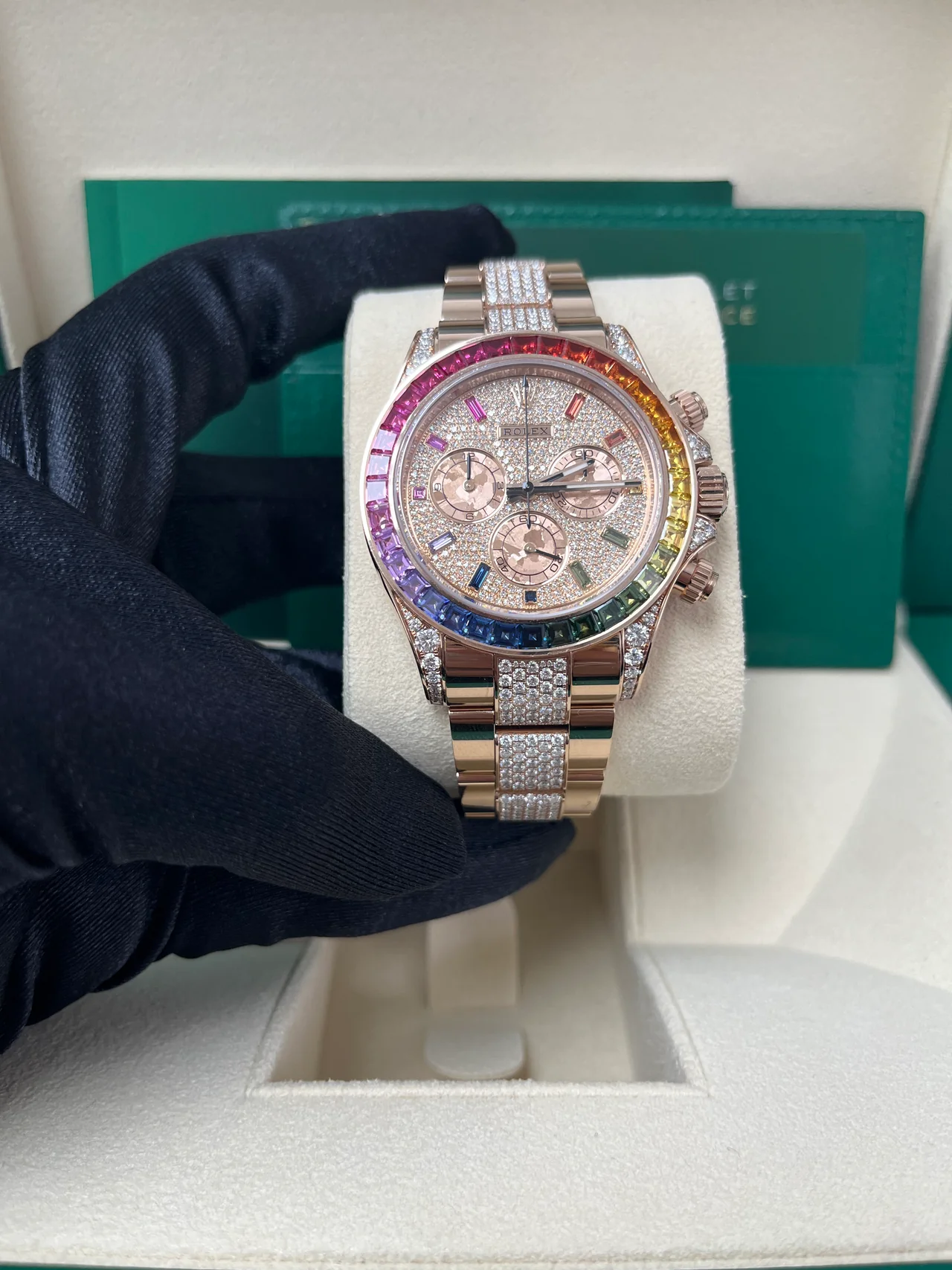 【Super Clone】Rolex Cosmograph Everose Daytona Factory Diamond Rainbow Edition 116595RBOW