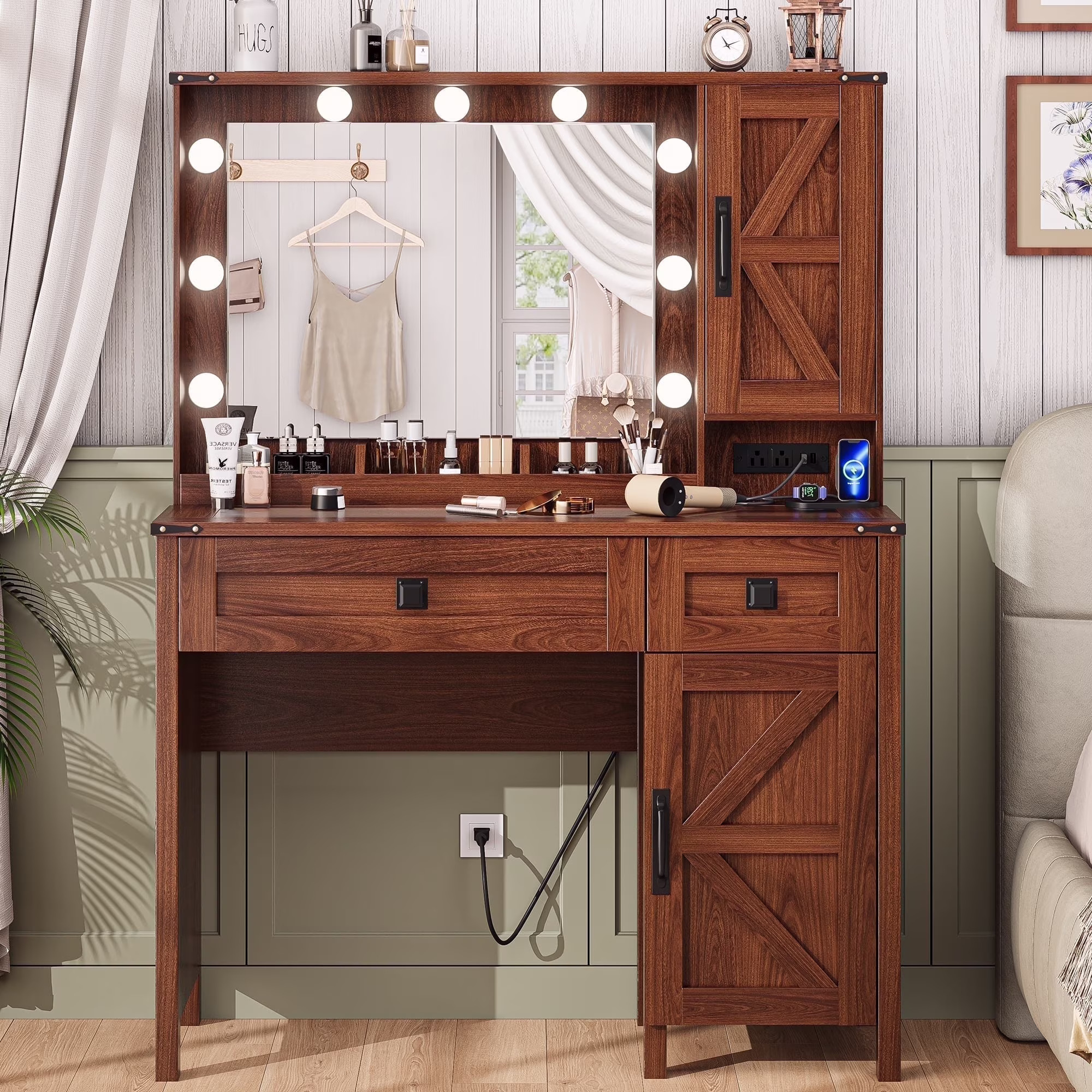 GIKPAL Makeup Vanity, Vanity Desk with Mirror & Glass Top, Farmhouse Vanity with Lights, Charging Station and Drawers, Rustic White