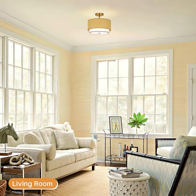 MELLOWWLITE Boho Light Fixtures Woven Rattan-Style Flush Mount Ceiling Light