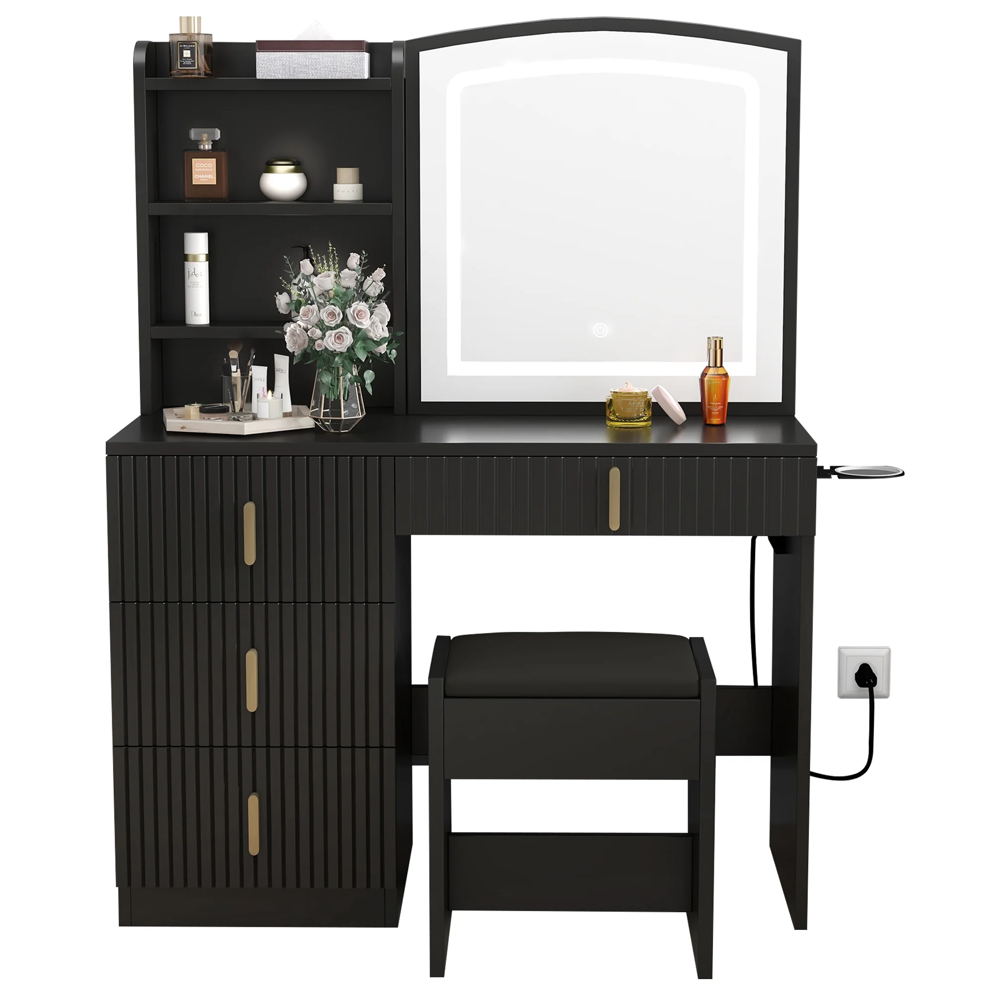 Dextrus Vanity Table Set with LED Lighted Mirror & Stool, Dressing Table with Sliding Mirror & Charging Station , Makeup Table with Storage Shelves & Drawers, White Vanity Desk for Bedroom, White
