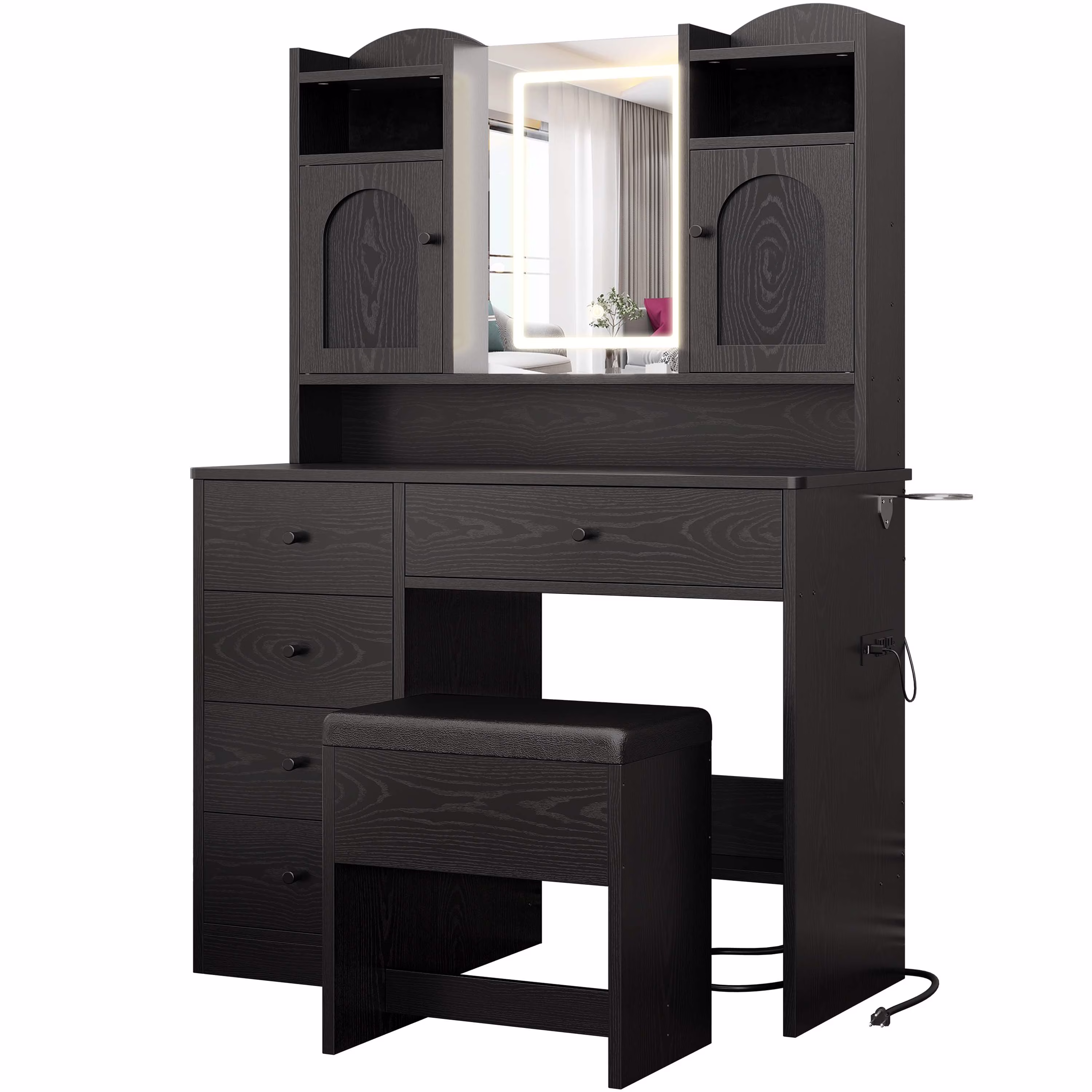 IRONCK White Vanity Set with Mirror and Lights, Makeup Vanity Desk with 5 Drawers & 2 Cabinets & Charging Station