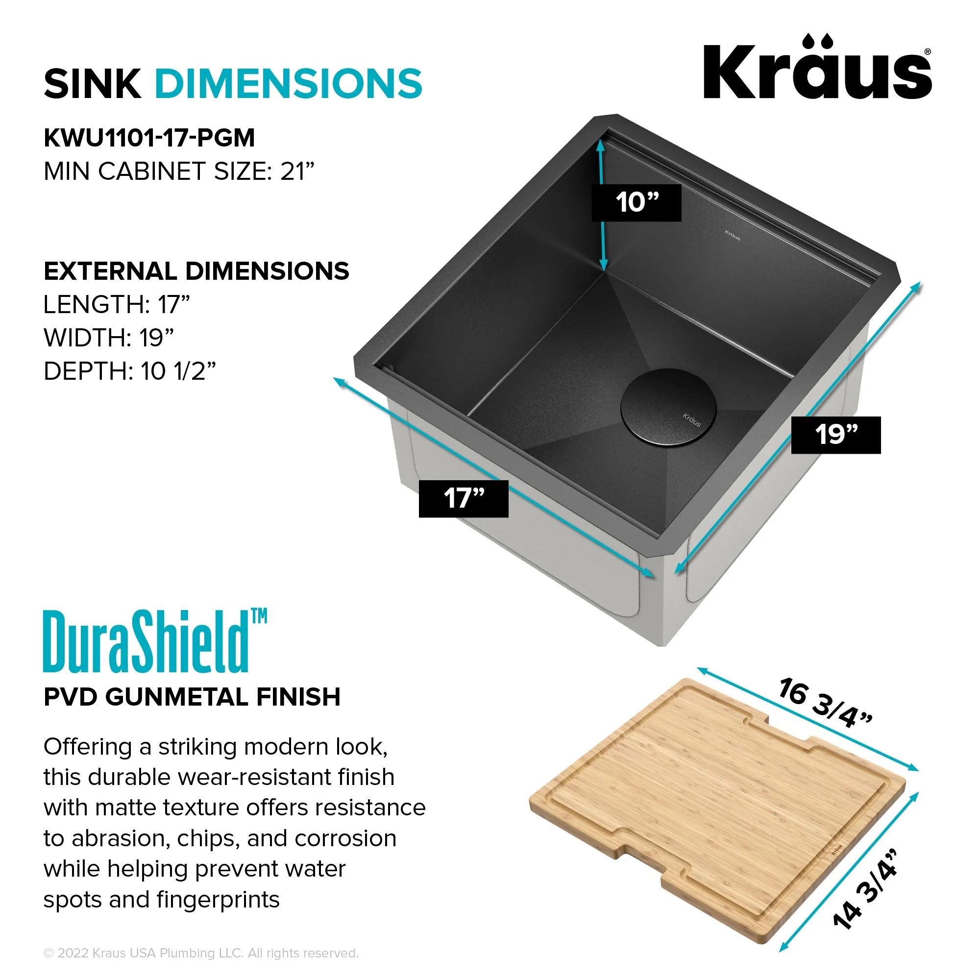 KRAUS Kore 17 Undermount Workstation 16 Gauge Black Stainless Steel Single Bowl Kitchen Bar Sink in PVD Gunmetal Finish with Accessories