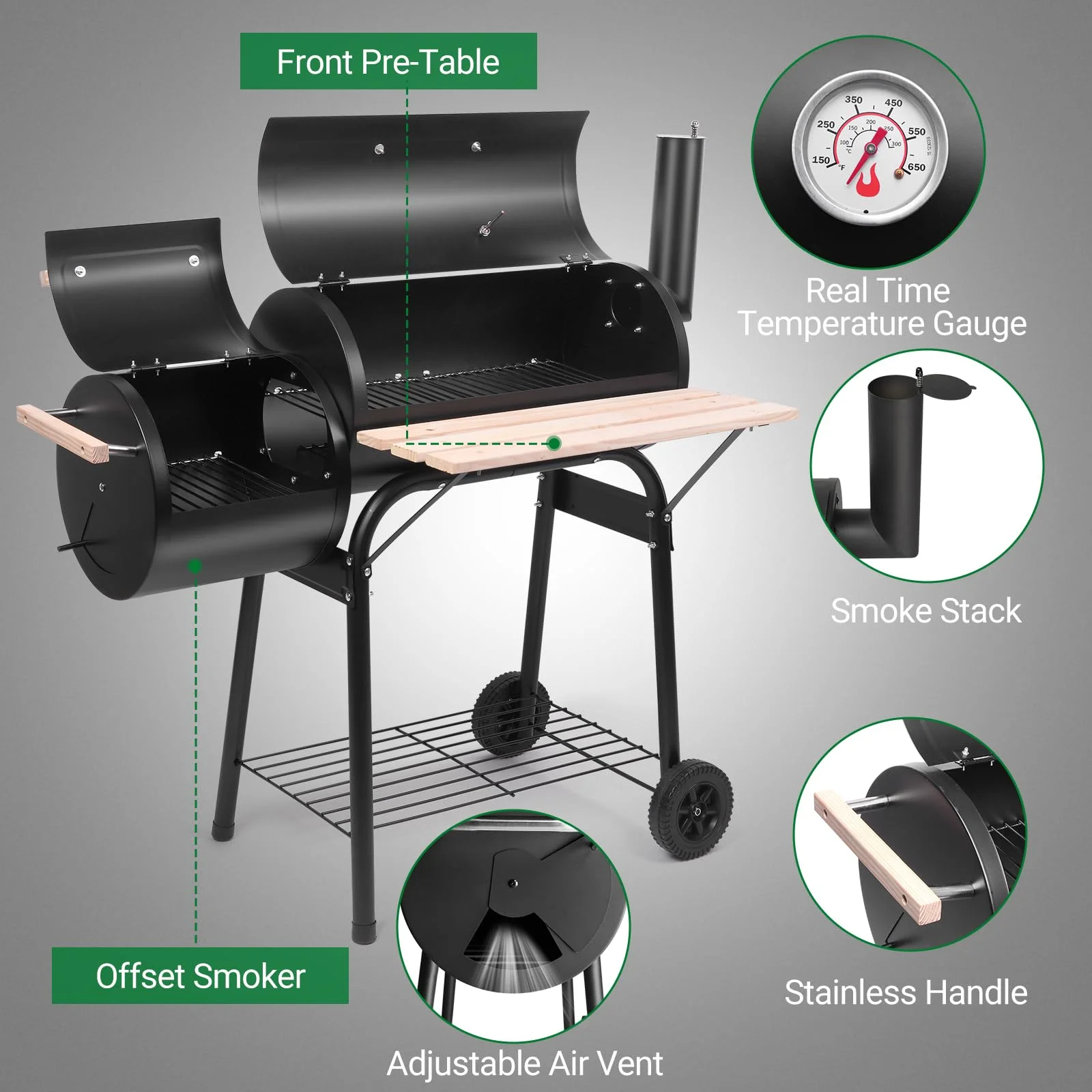 Charcoal Grill and Offset Smoker, Outdoor Patio Barbecue Cooker with Wheels, Portable Backyard BBQ Oven with Side Fire Box for Camping, Picnic, Party