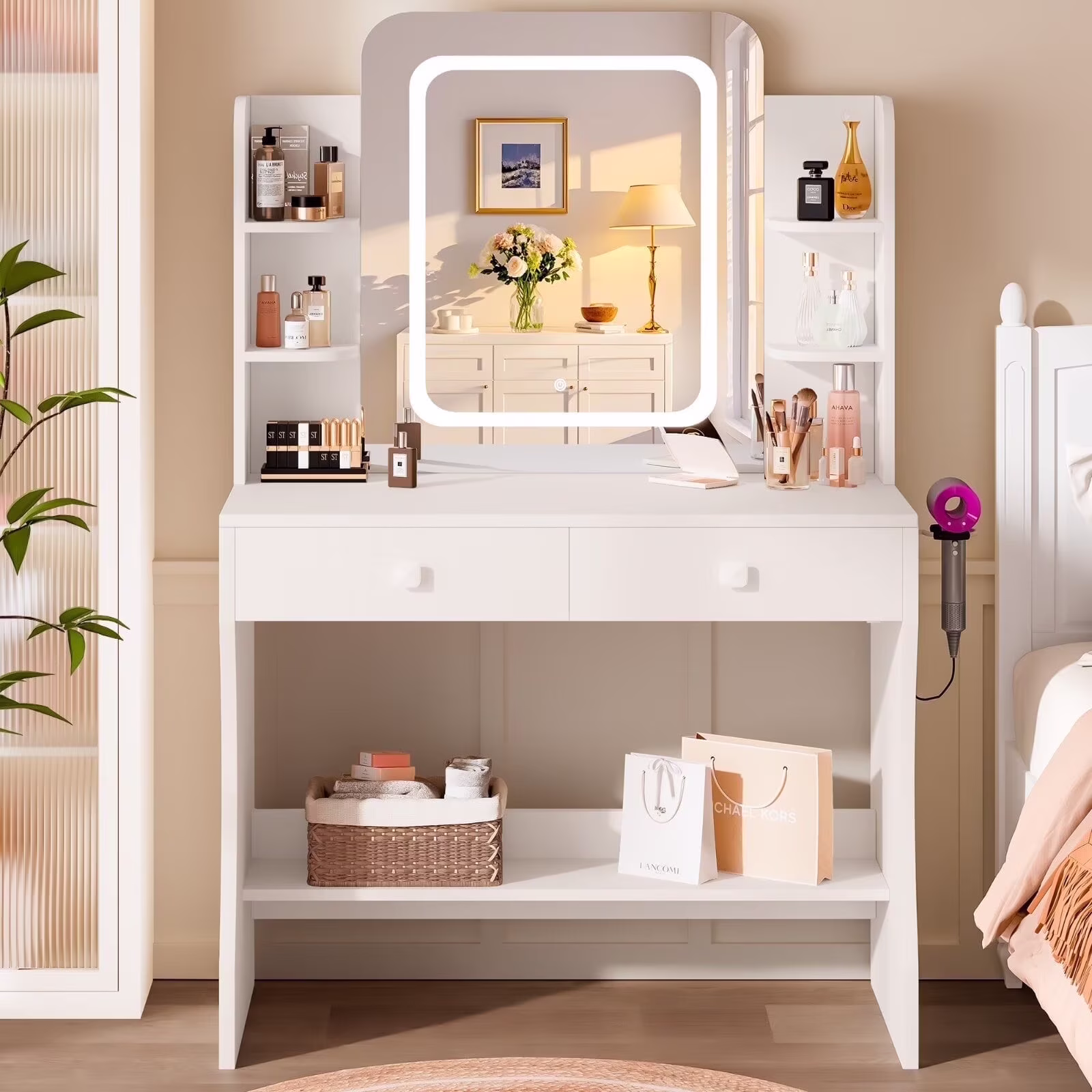 LIVELYGLOW Vanity Desk Set with Square Mirror and Light- Small Vanity Table with Drawers- White
